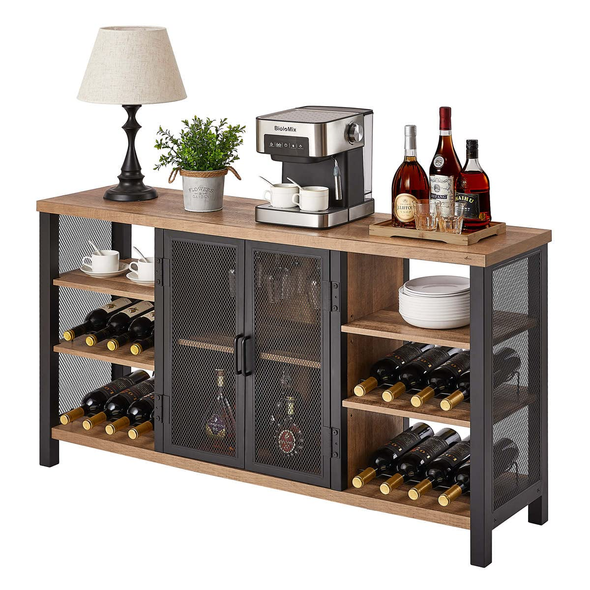 Industrial Wine Bar Cabinet for Liquor & Glasses, Farmhouse Wood Coffee Bar Cabinet with Wine Rack