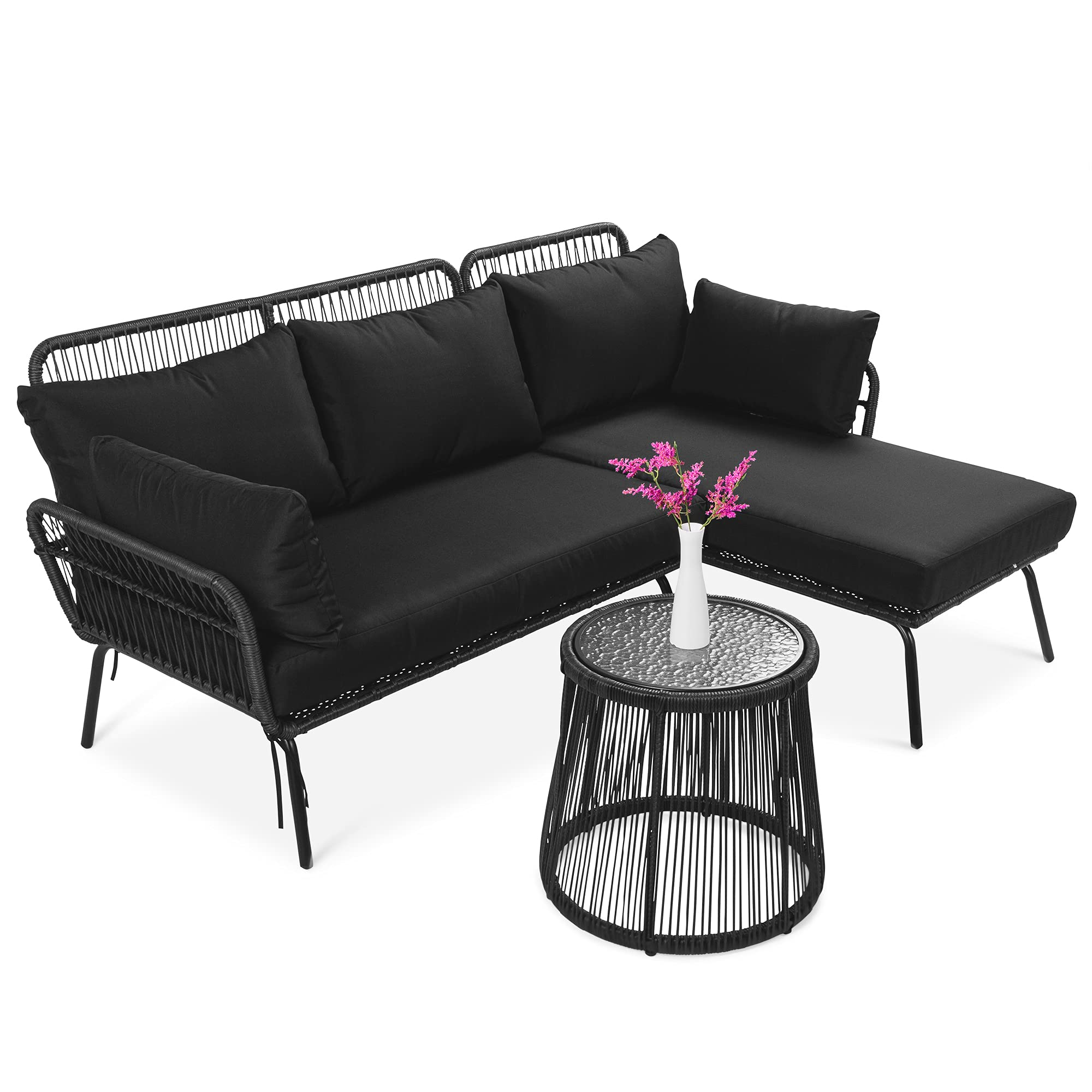 Outdoor Rope Woven Sectional Furniture L-Shaped Sofa Set w/Thick Cushions, Lounger, Side Table