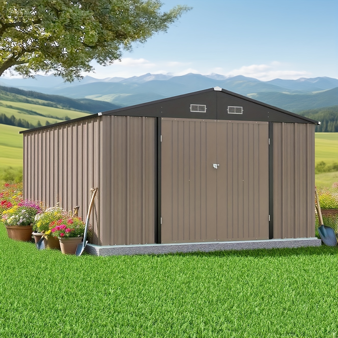 GUNJI 10X12 ft small house, ready to move in, outdoor storage shed with lockable doors and a sloping roof, metal garden tool shed, suitable for backyard, patio, poolside, free shipping