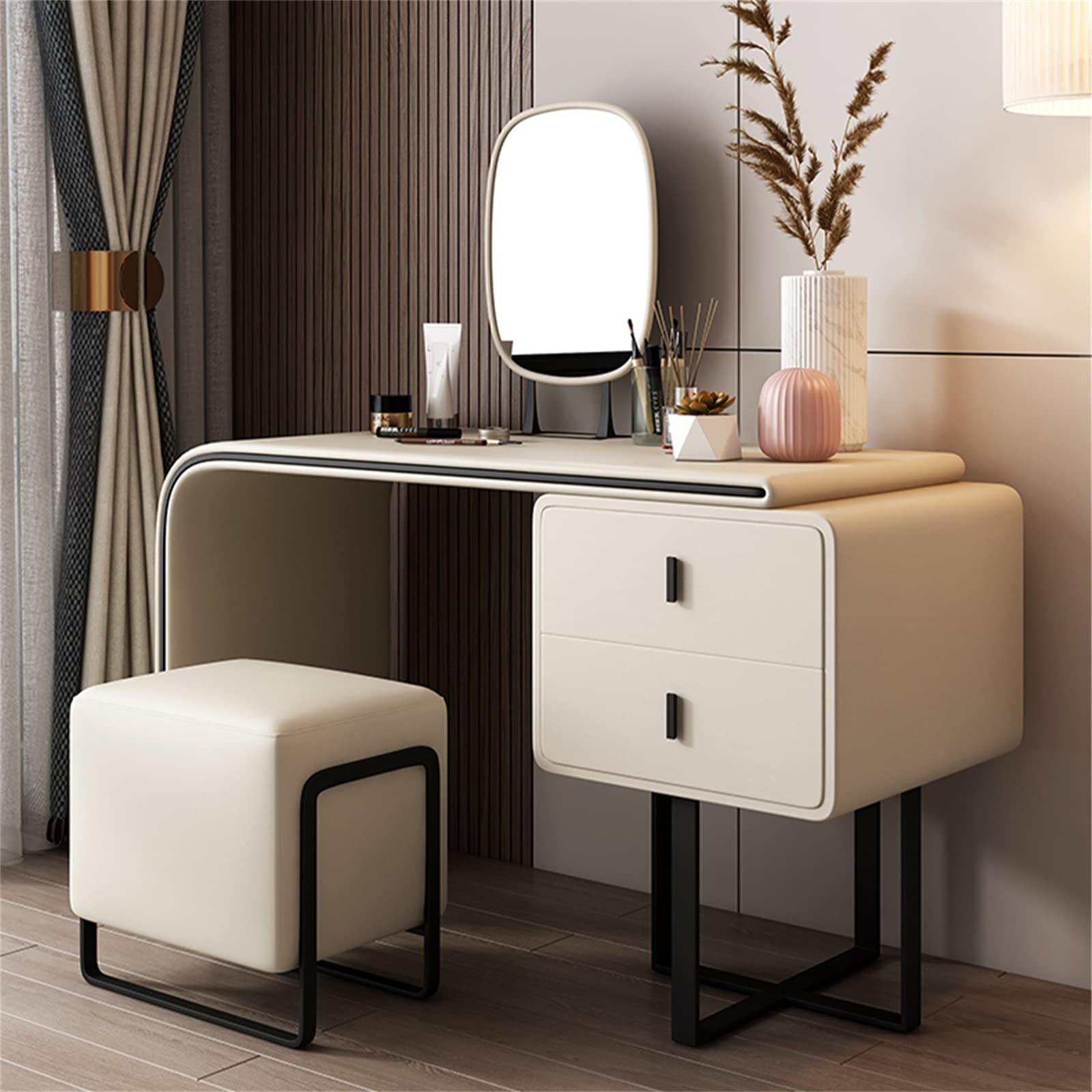 Modern Extendable Makeup Vanity Table with PU Leather, 2 Wood Drawers, Side Cabinet
