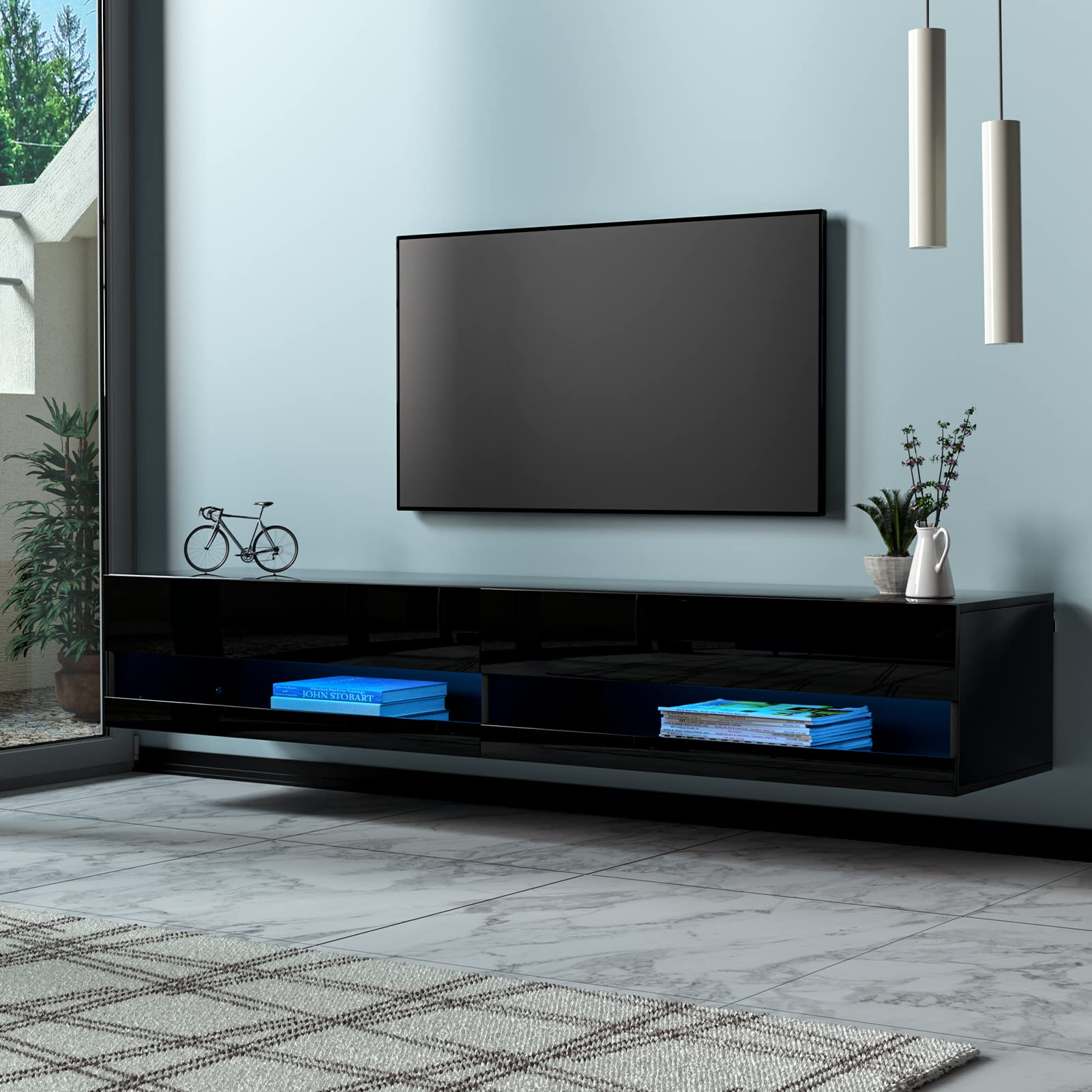 Floating TV Stand for TVs Up to 85 inch, 70 inch Wall Mounted Haning TV Stand with LED Lights