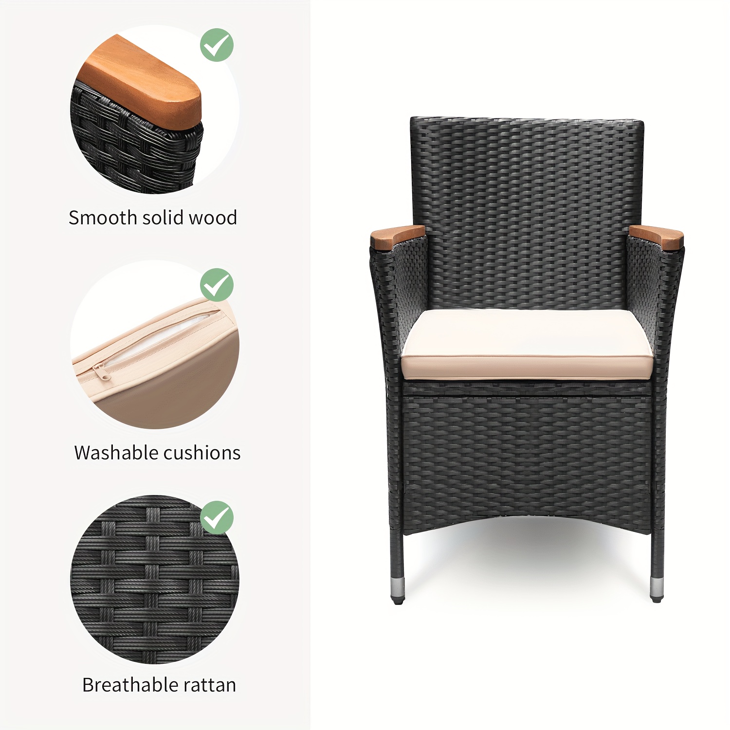 Patio furniture series, including a PE rattan chair and dining table set, with a table top made of Saka wood, and chairs featuring curved wooden armrests and cushions