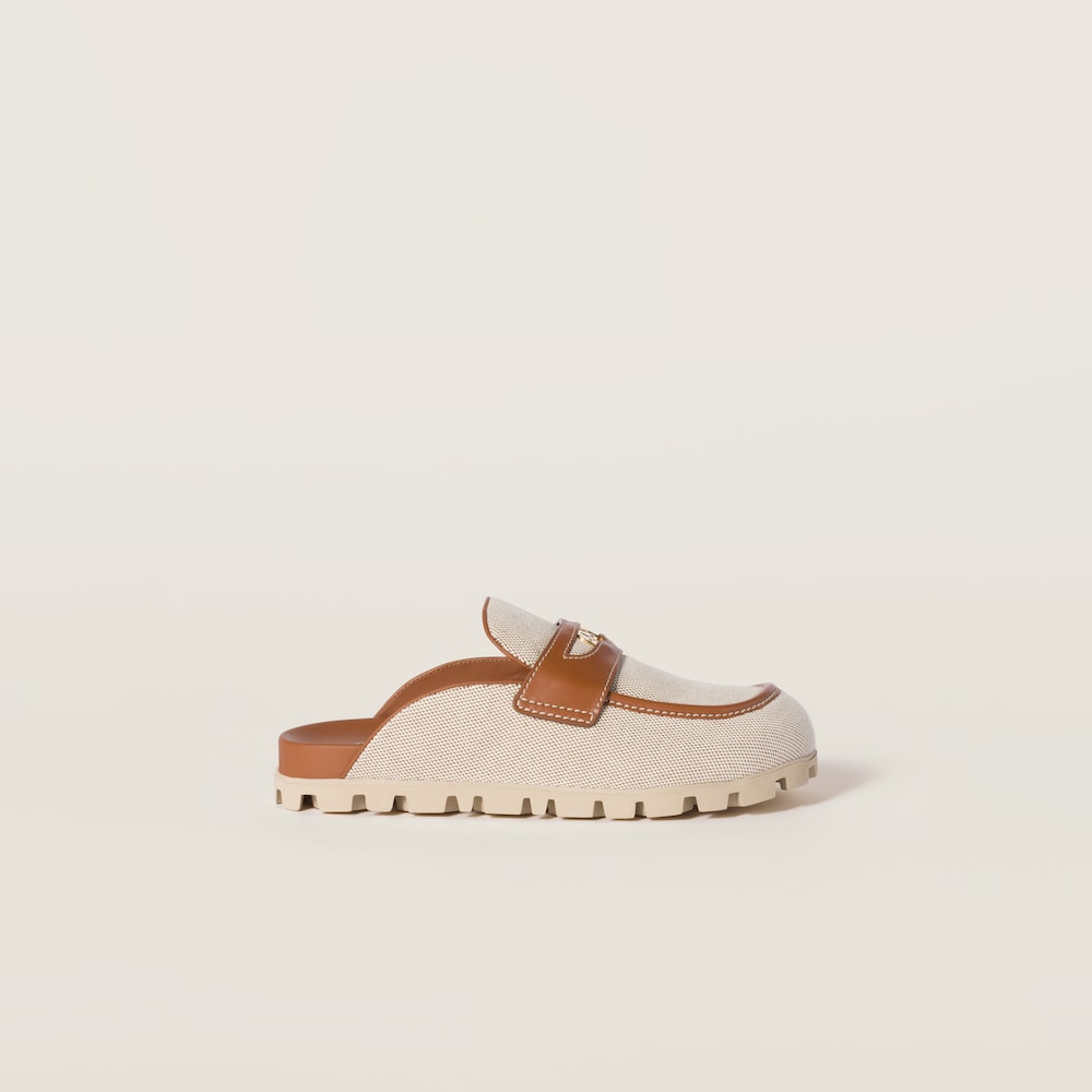 Canvas and leather mules