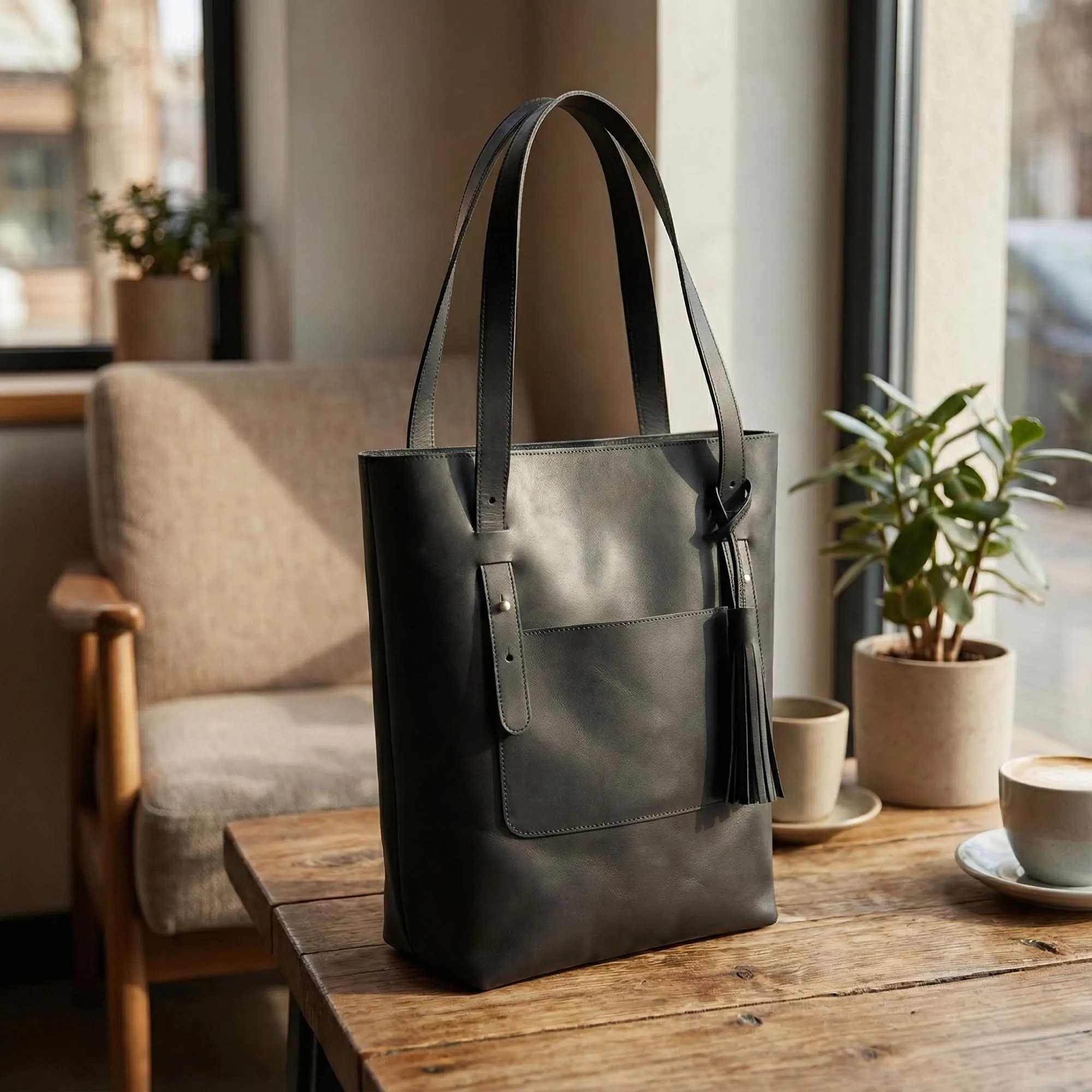 Artisanal Tassel Accent Black Full-Grain Leather Tote