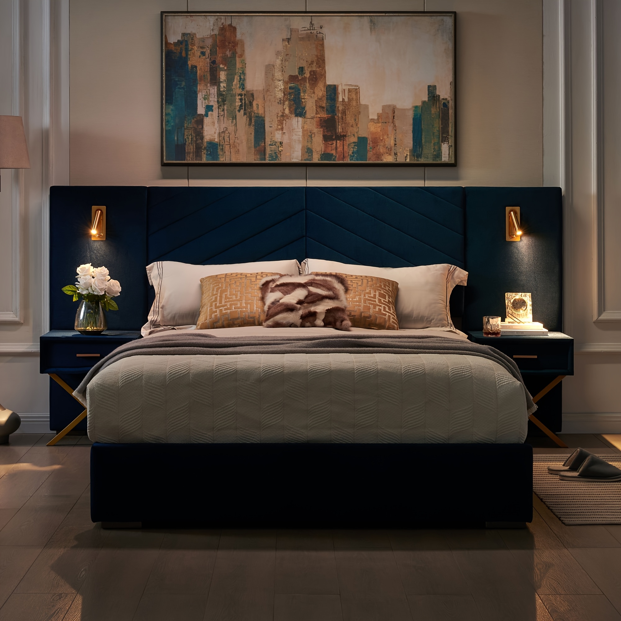Luxurious double/queen-size bed frame with built-in LED lights and nightstand, double/queen-size platform bed with extra-large upholstered headboard, no mattress support required