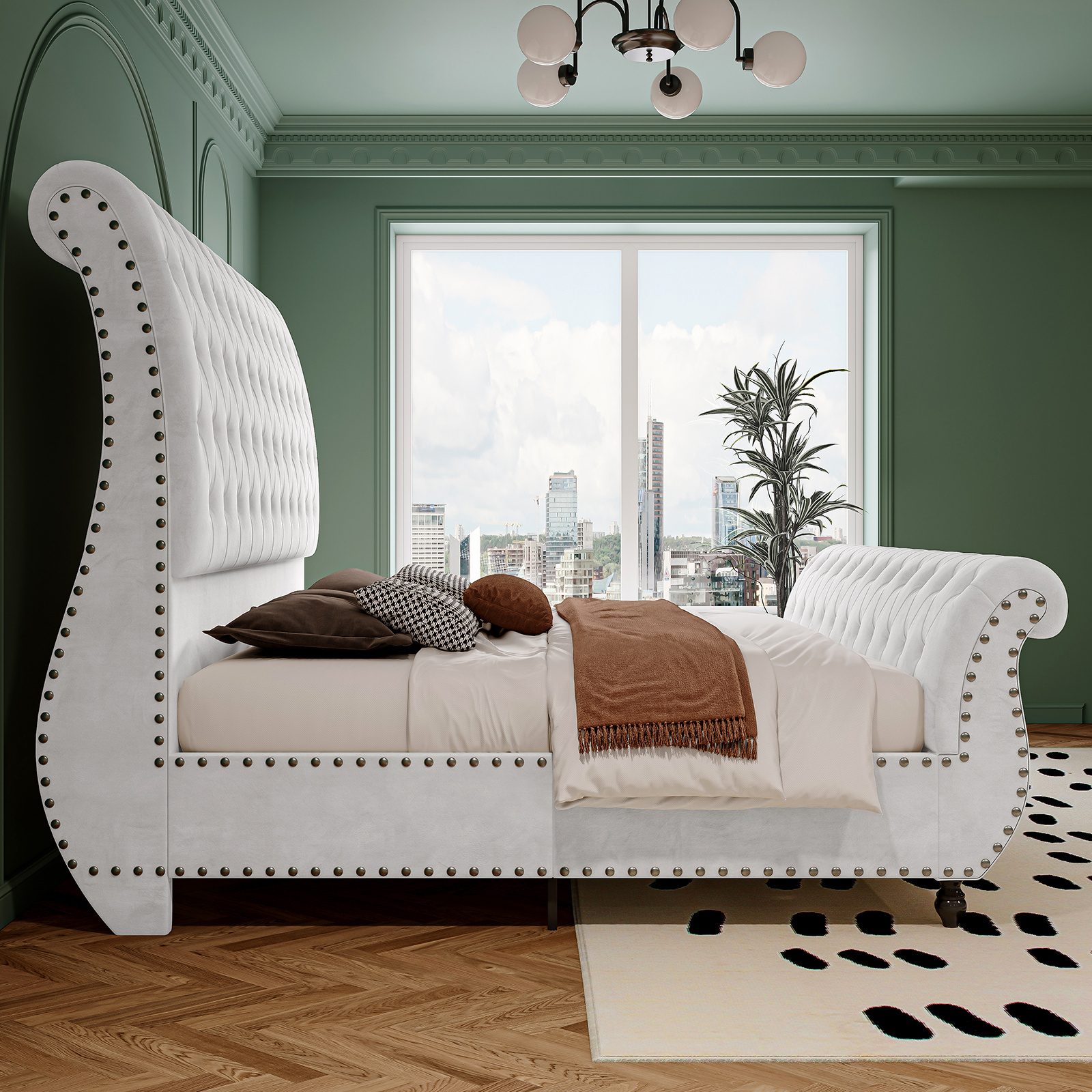 Luxurious velvet upholstered sled bed, featuring an elegant curved headboard and footboard, with a button-tufted base, no box spring required