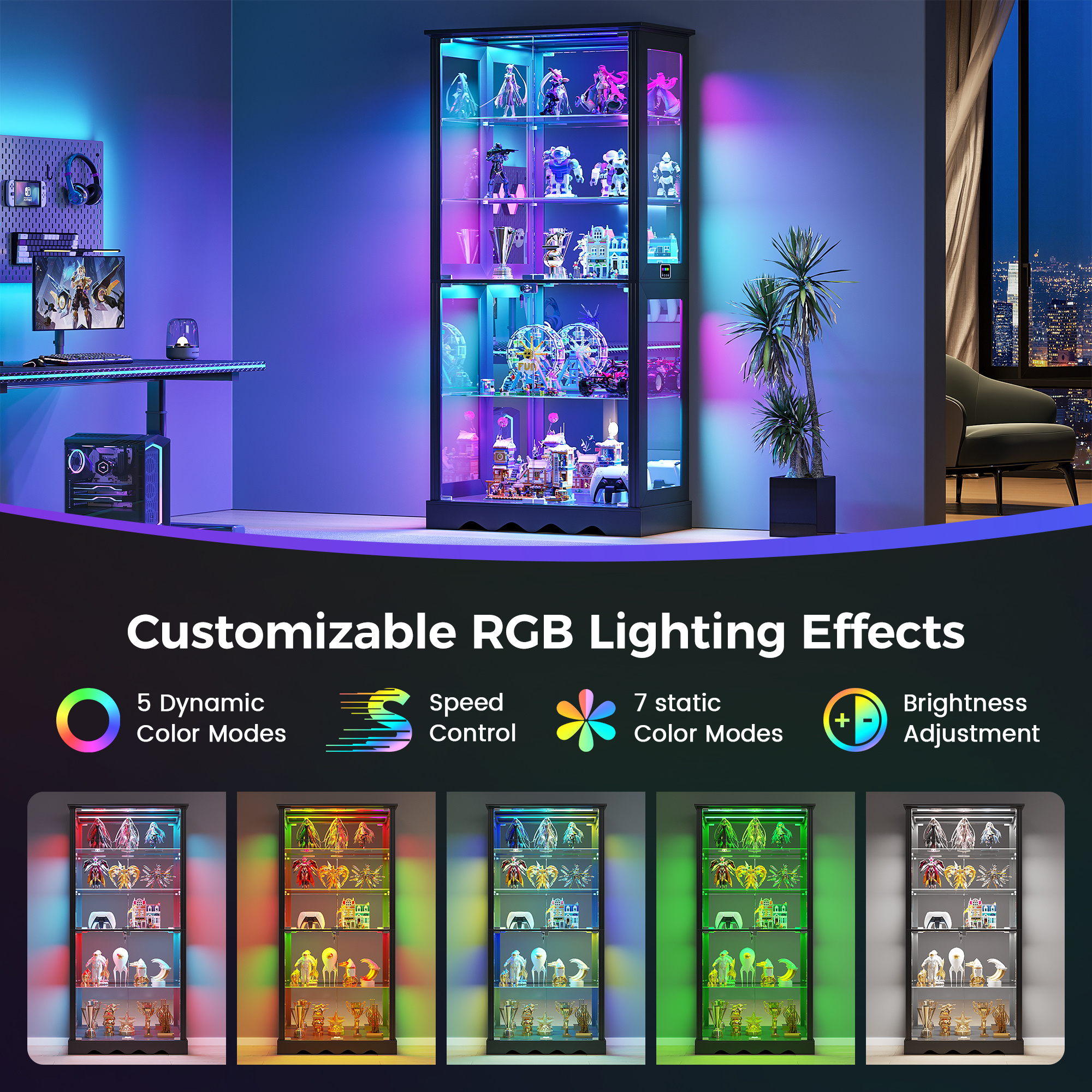 Display cabinet with glass door, 71inch tall antique cabinet with RGB lights, LED display case with removable shelves, suitable for books/medals/figurines, black and white