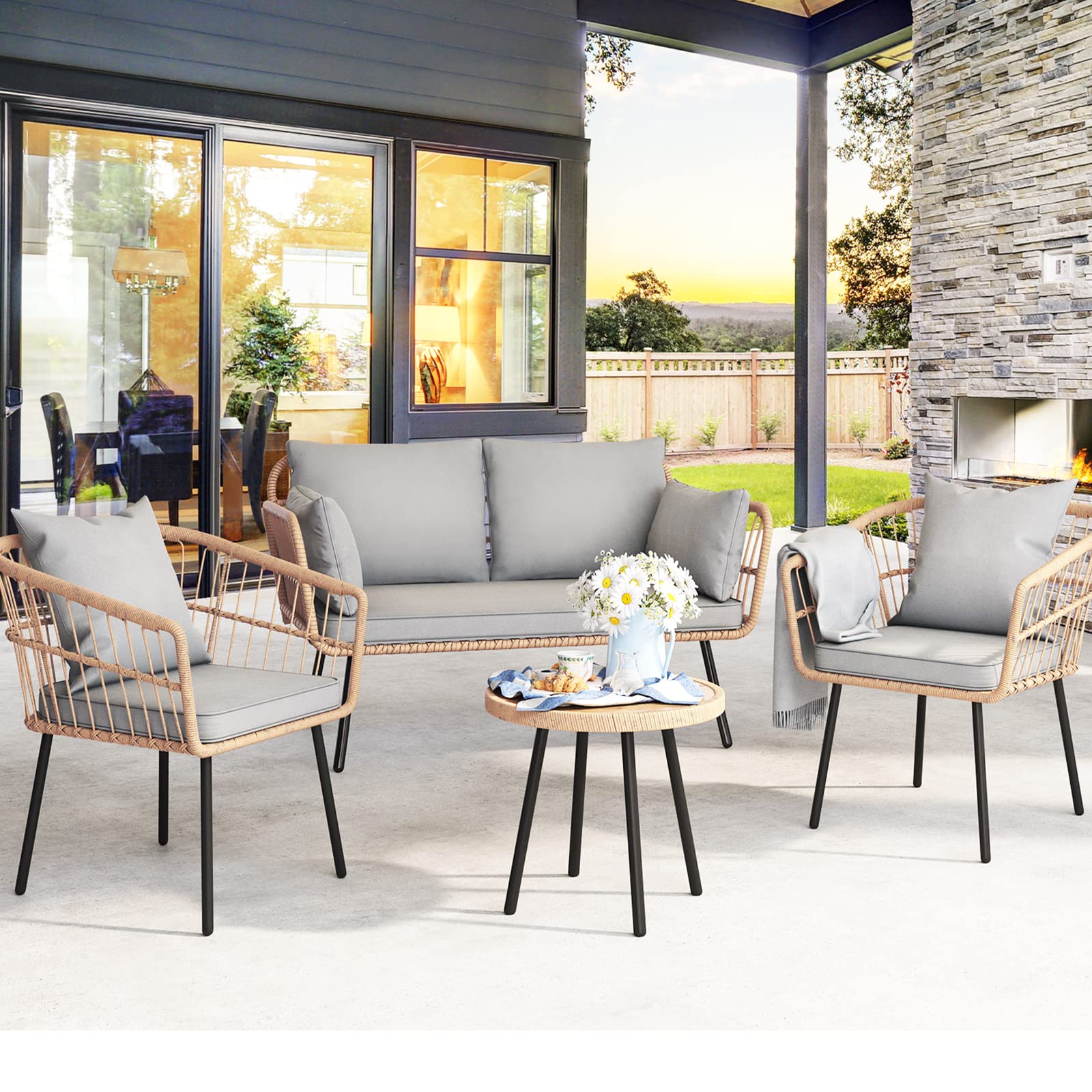 4 Pieces Patio Furniture Set, Wicker Balcony Bistro Set, Outdoor All-Weather Rattan Conversation Set