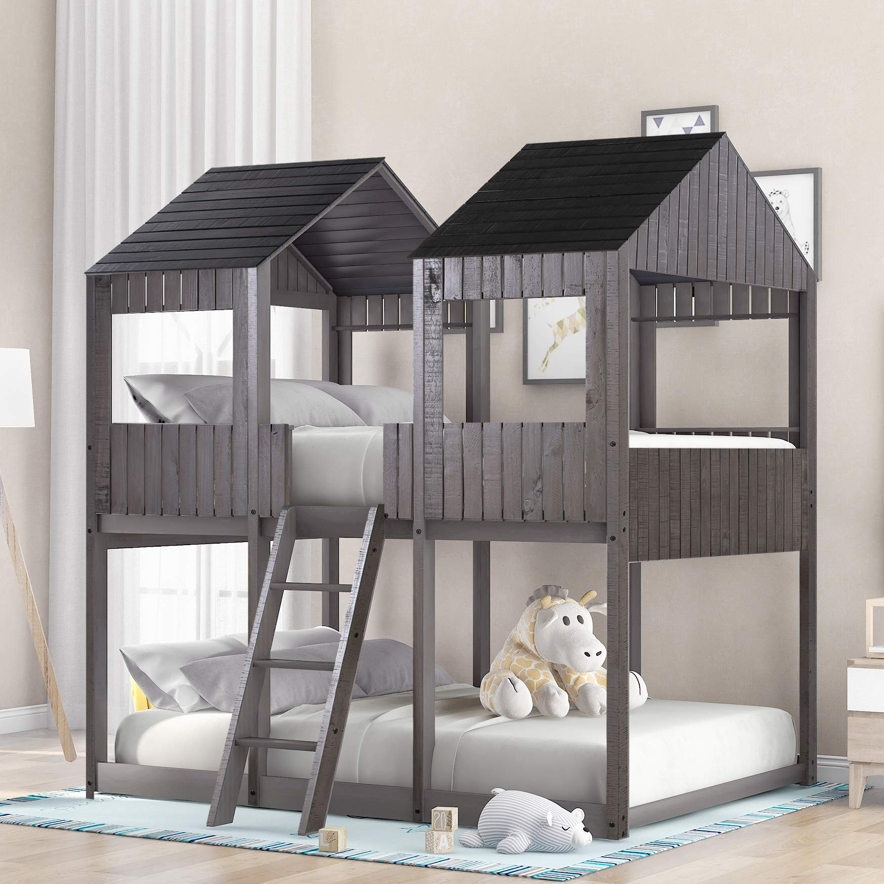 Low Bunk Beds Full Over Full Size, Wood Bunk Beds with Roof & Guard Rail for Kids