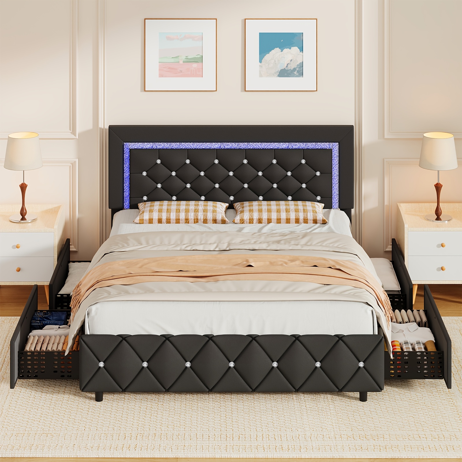 Large bed frame suitable for 30 families, with LED lights and storage drawers, upholstered platform bed with diamond-tufted headboard, wooden slat support, no springs required, easy to assemble, available in white, pink, black