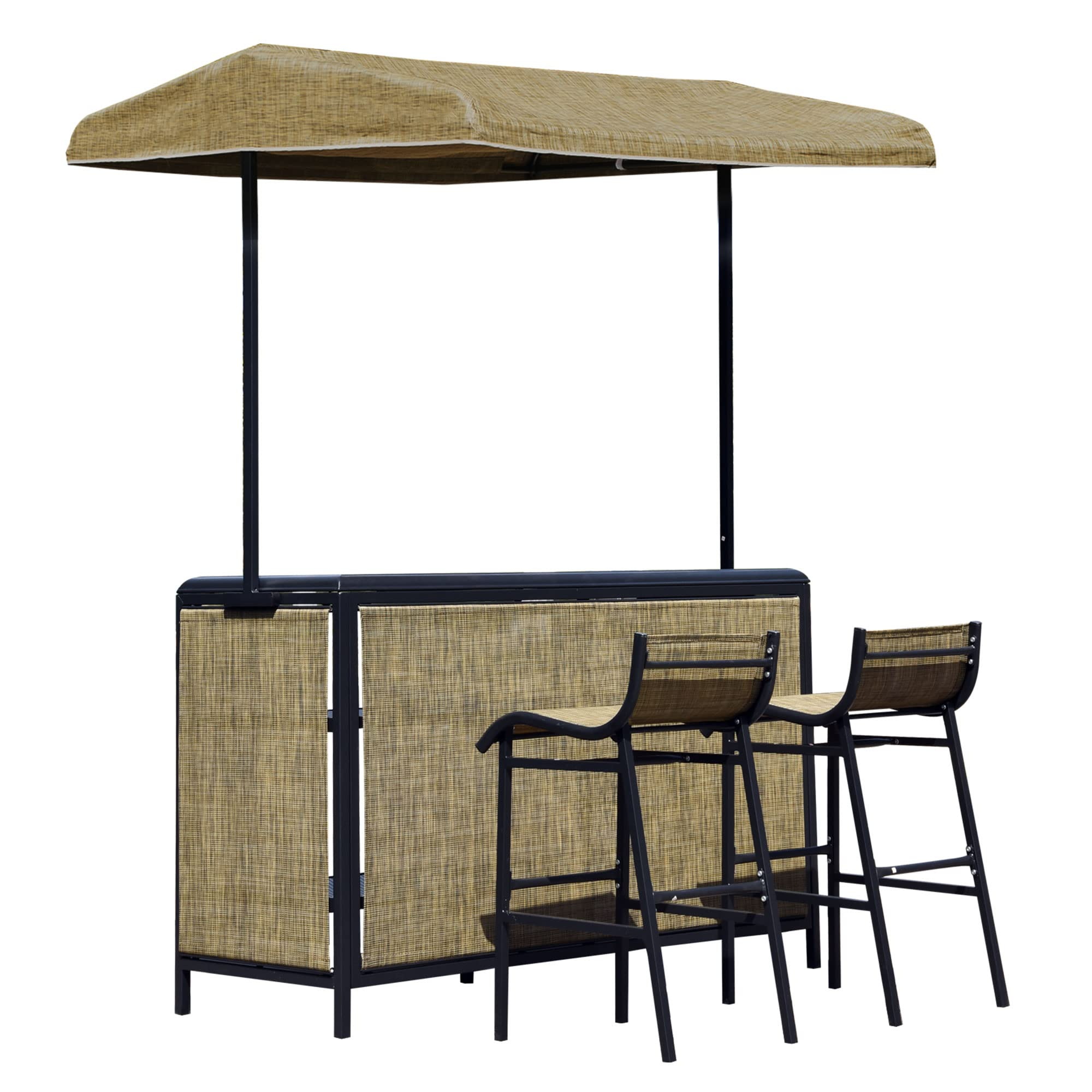 3 Pcs Outdoor Bar Set for 2 with Canopy, Rectangular Table with Storage Shelves & 2 Bar Chairs