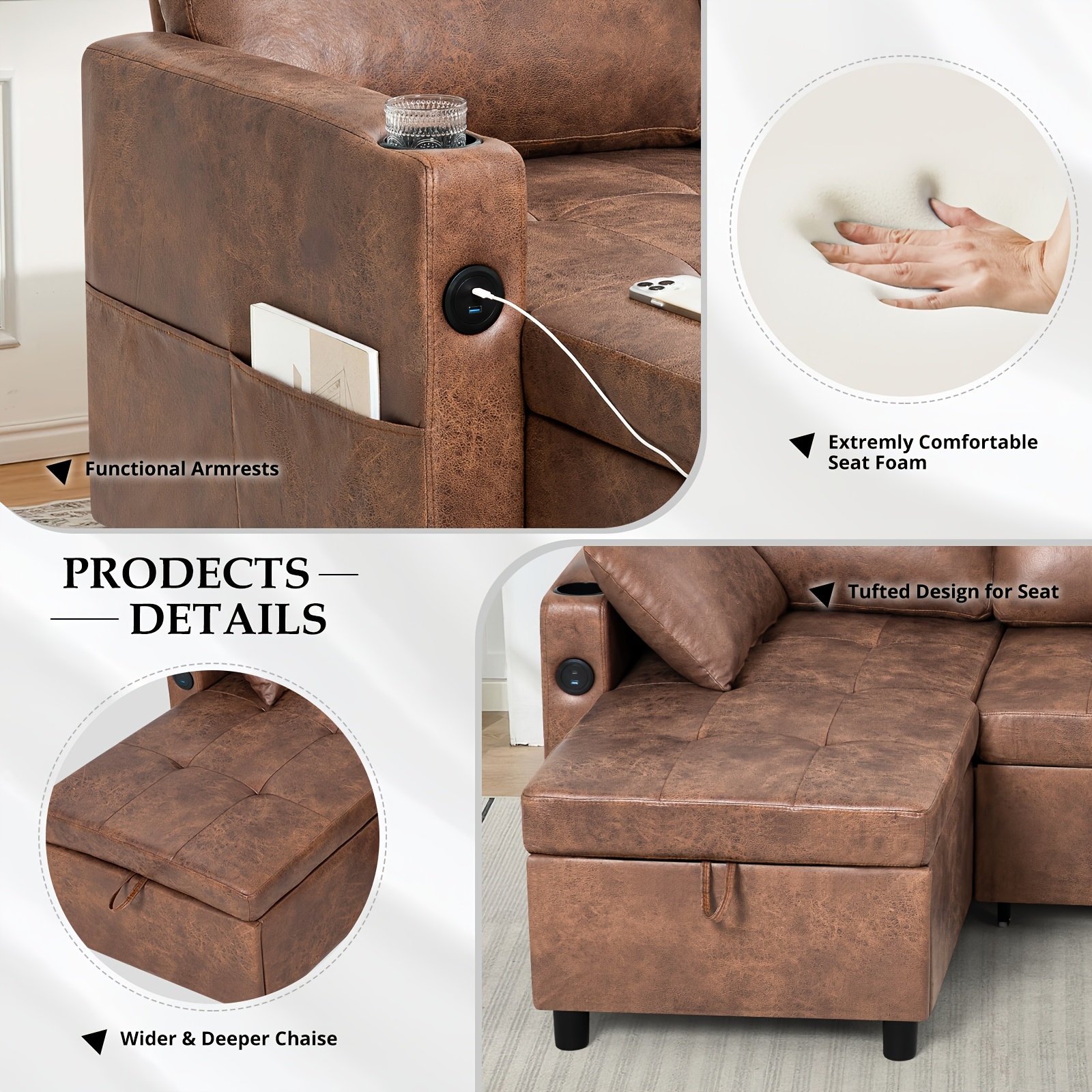 ACMEASE 84inch L-shaped pull-out sofa bed with adjustable backrest (with storage ottoman), synthetic suede fabric sofa with cup holders, modern modular sofa with storage side pockets and tufted cushions, suitable for living rooms and apartments
