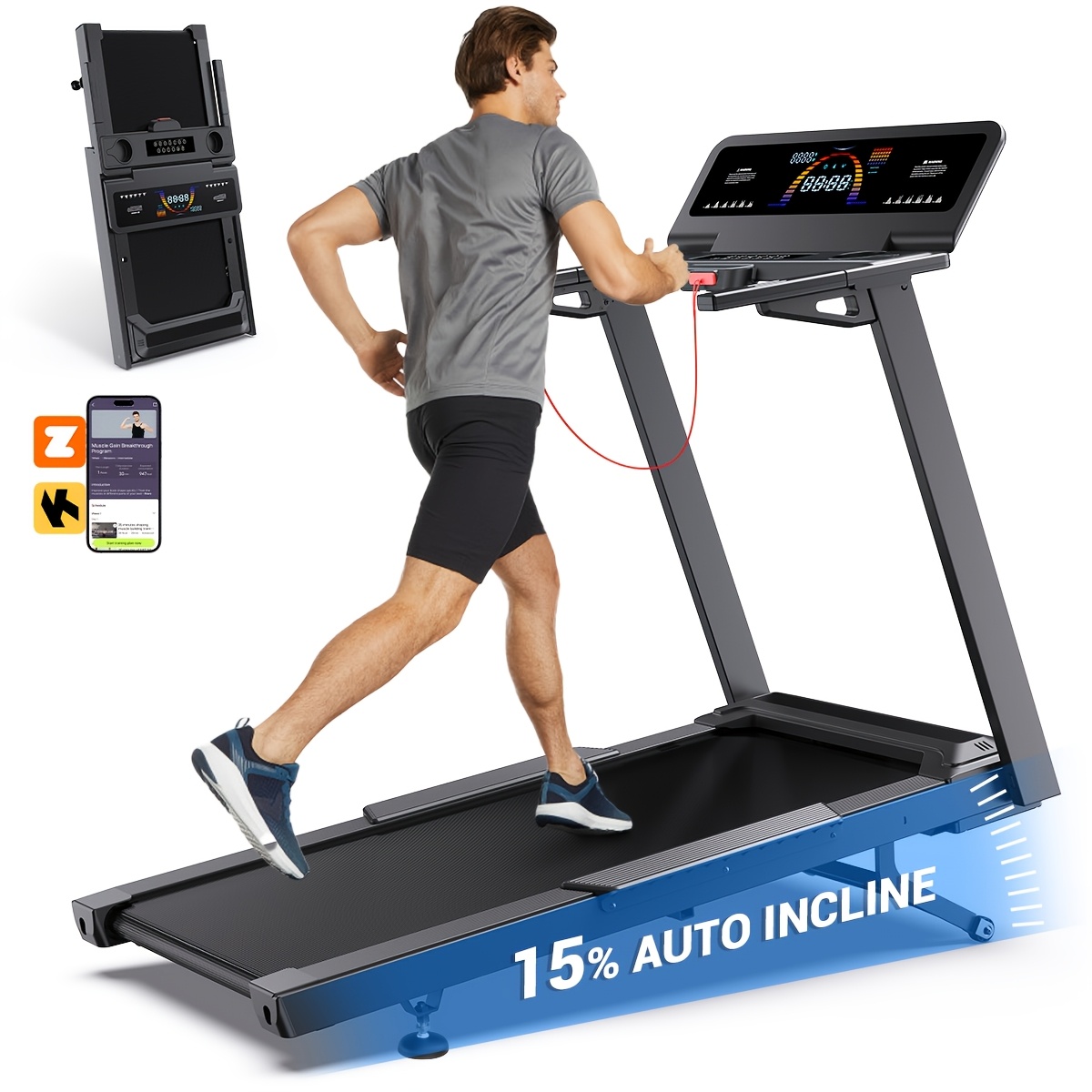 Treadmill with 15% Automatic Incline - 500 lbs weight capacity, 4.5 horsepower foldable electric treadmill, maximum speed of 10.0 MPH, 15-level adjustable resistance, brushless motor for quiet operation, with cup and phone holder