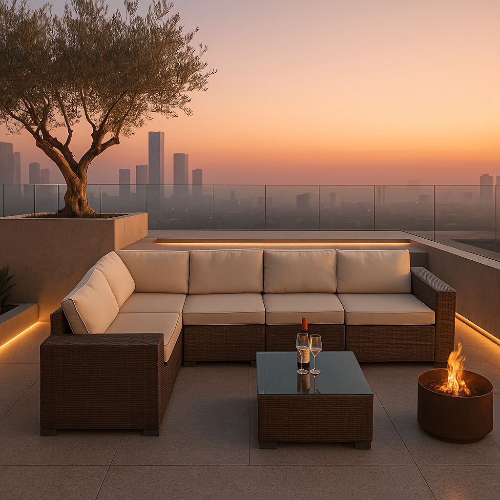 6-piece outdoor sectional sofa set with coffee table and soft cushions - all-weather wicker furniture, suitable for porch, garden, backyard (blue/beige/grey)