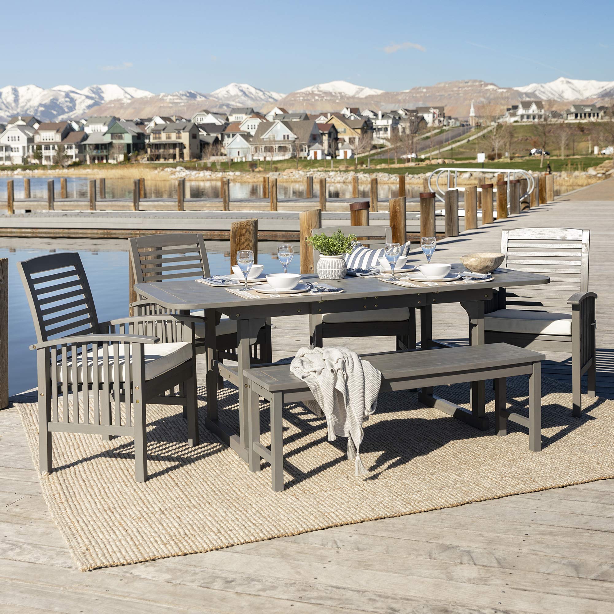 Maui Modern 6 Piece Solid Acacia Wood Slatted Outdoor Dining Set, Set of 6, Grey Wash