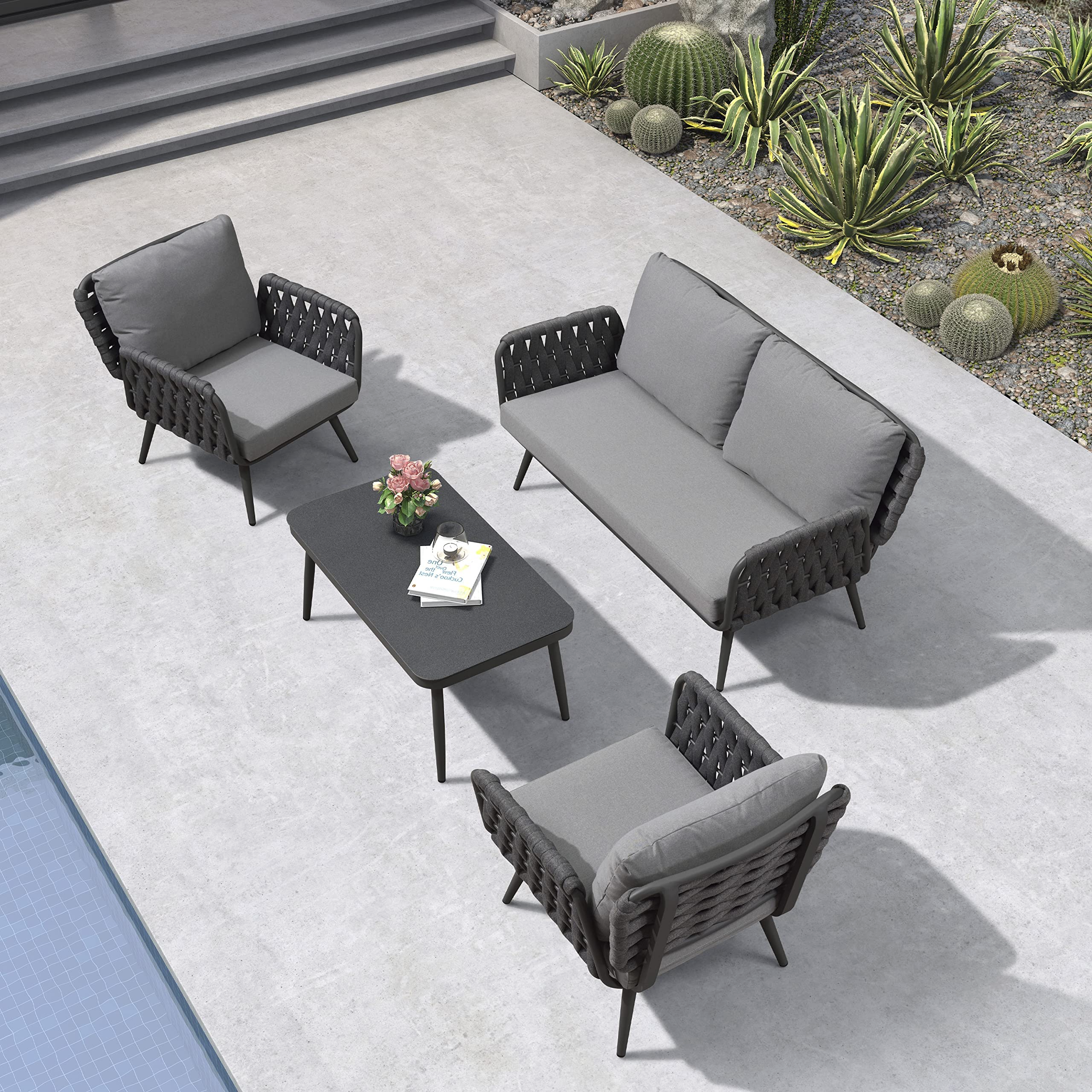 Patio Conversation Set 4 Pcs Aluminum Frame Rope Outdoor Furniture with Coffee Table & Cushions