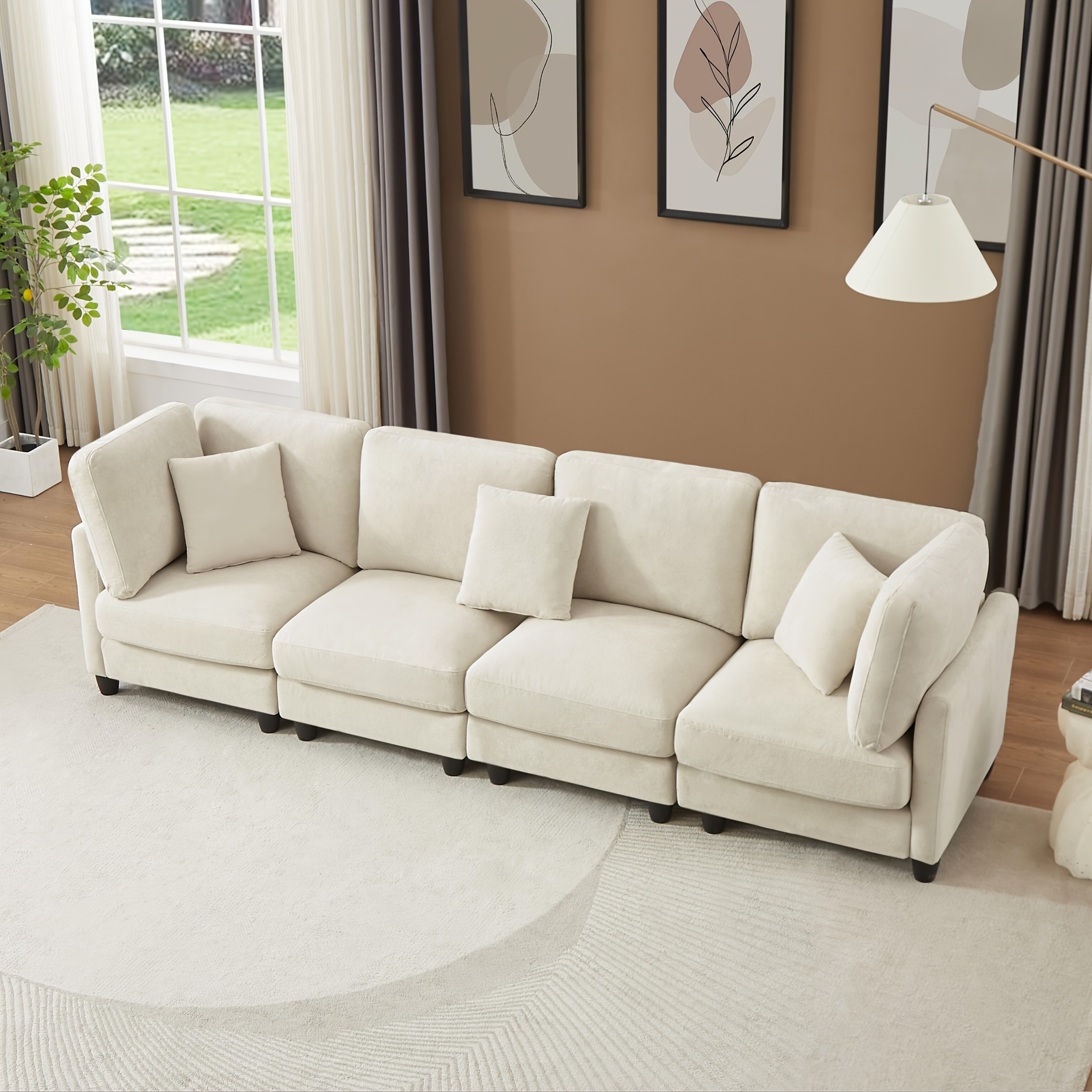 121inch Extra-large modular soft-pack sofa, chenille fabric, with removable footrest, cloud sofa, can be freely converted into L/U shape and sofa bed, suitable for living room, black/beige