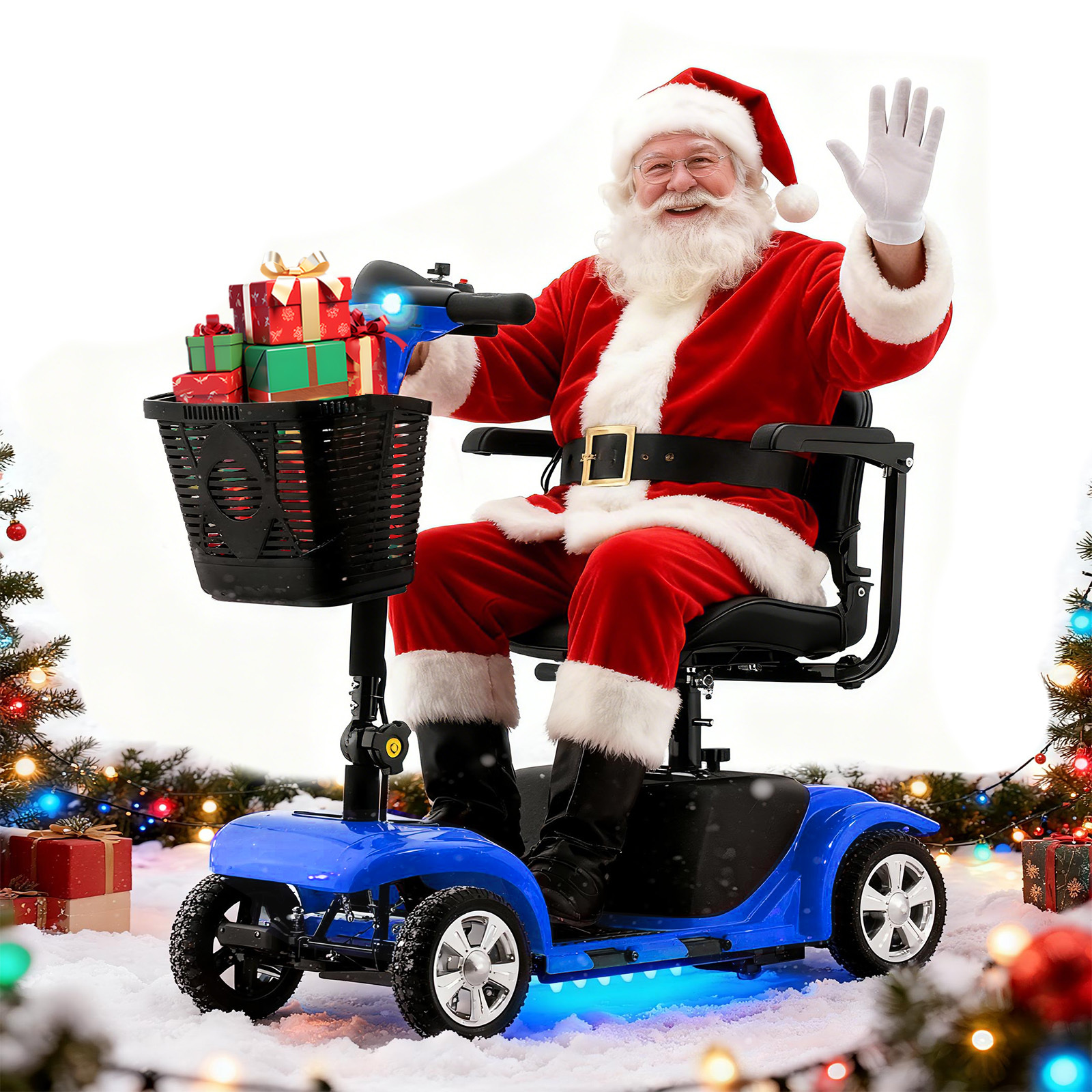 Mobility aid for seniors, four-wheel foldable adult electric scooter, 180W 24V, 15-mile range, equipped with LED front lights and a detachable storage basket, moderate weight, can be folded and placed in the car trunk, a gift for seniors