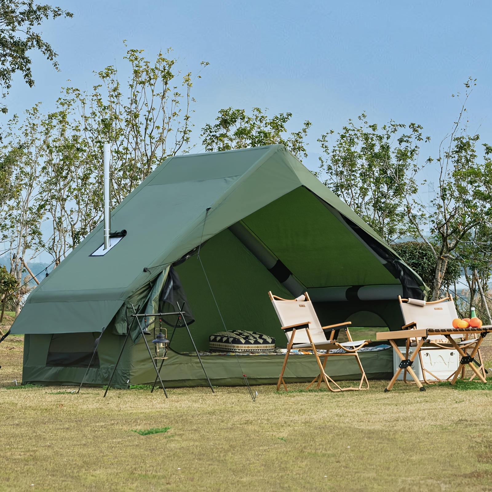 Inflatable tent with stove hole, suitable for 3-4 people, all-season self-standing air tent, easy-to-set-up cabin-style camping tent, with mesh windows, suitable for outdoor and family camping