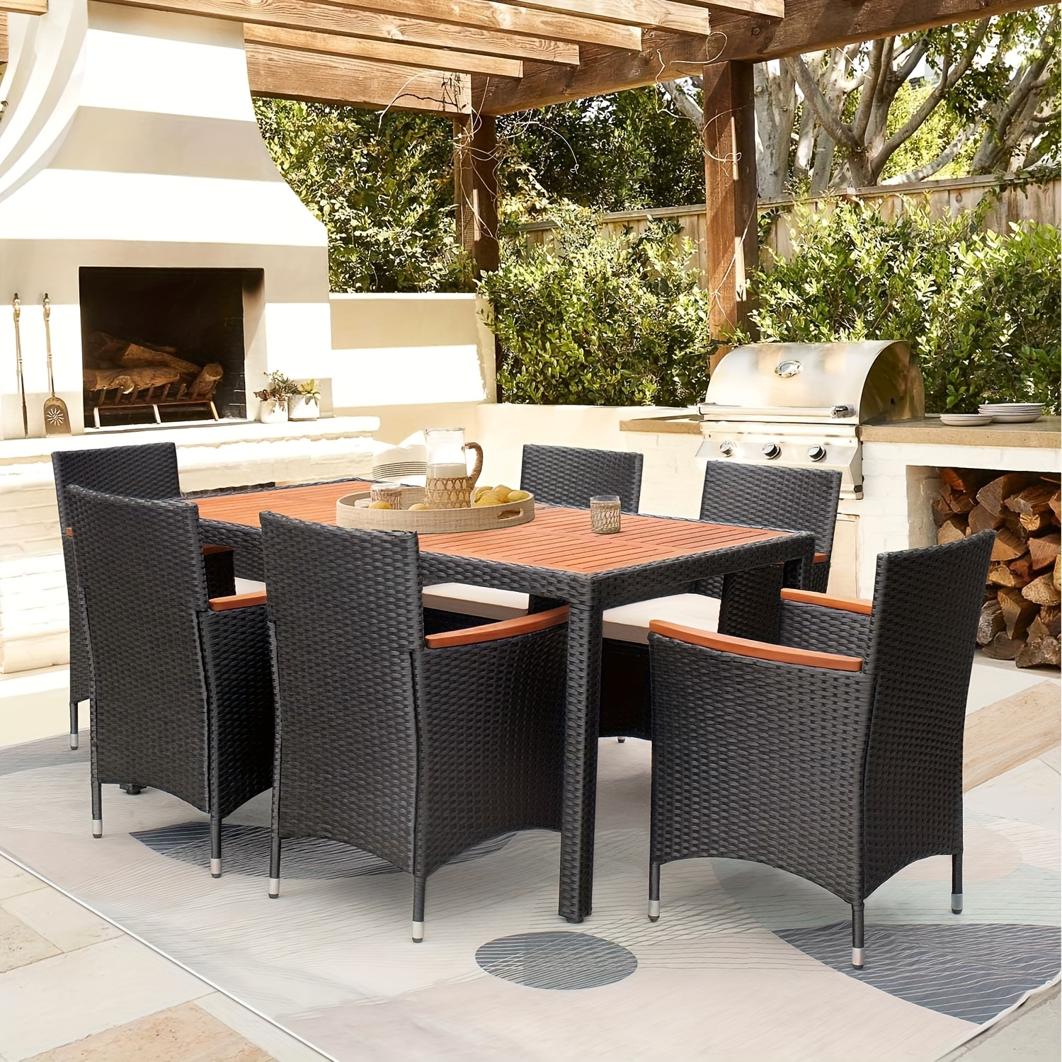Patio furniture series, including a PE rattan chair and dining table set, with a table top made of Saka wood, and chairs featuring curved wooden armrests and cushions
