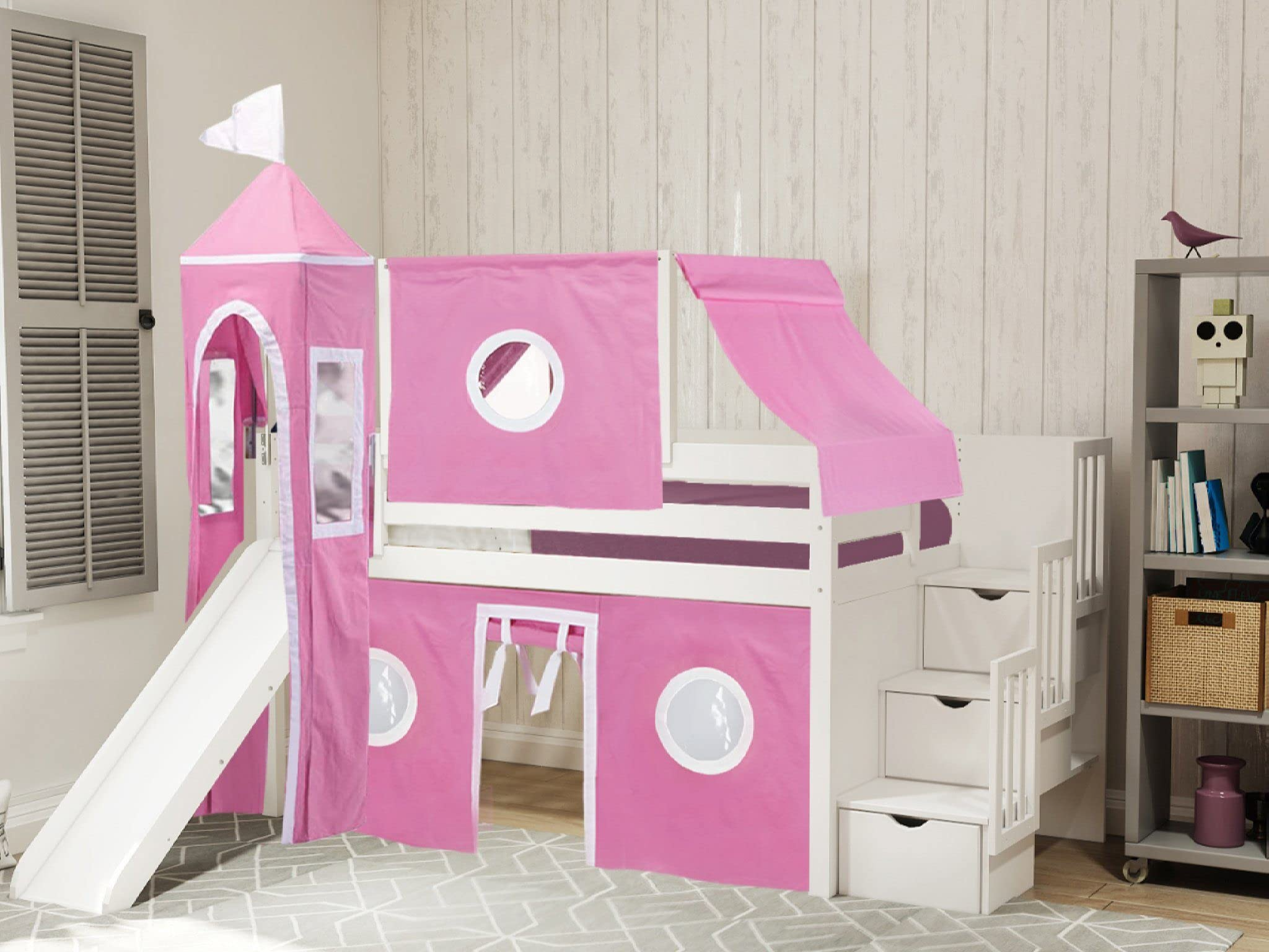 Princess Low Loft Stairway Bed with Slide Pink & White Tent & Tower, Loft Bed, Twin, White