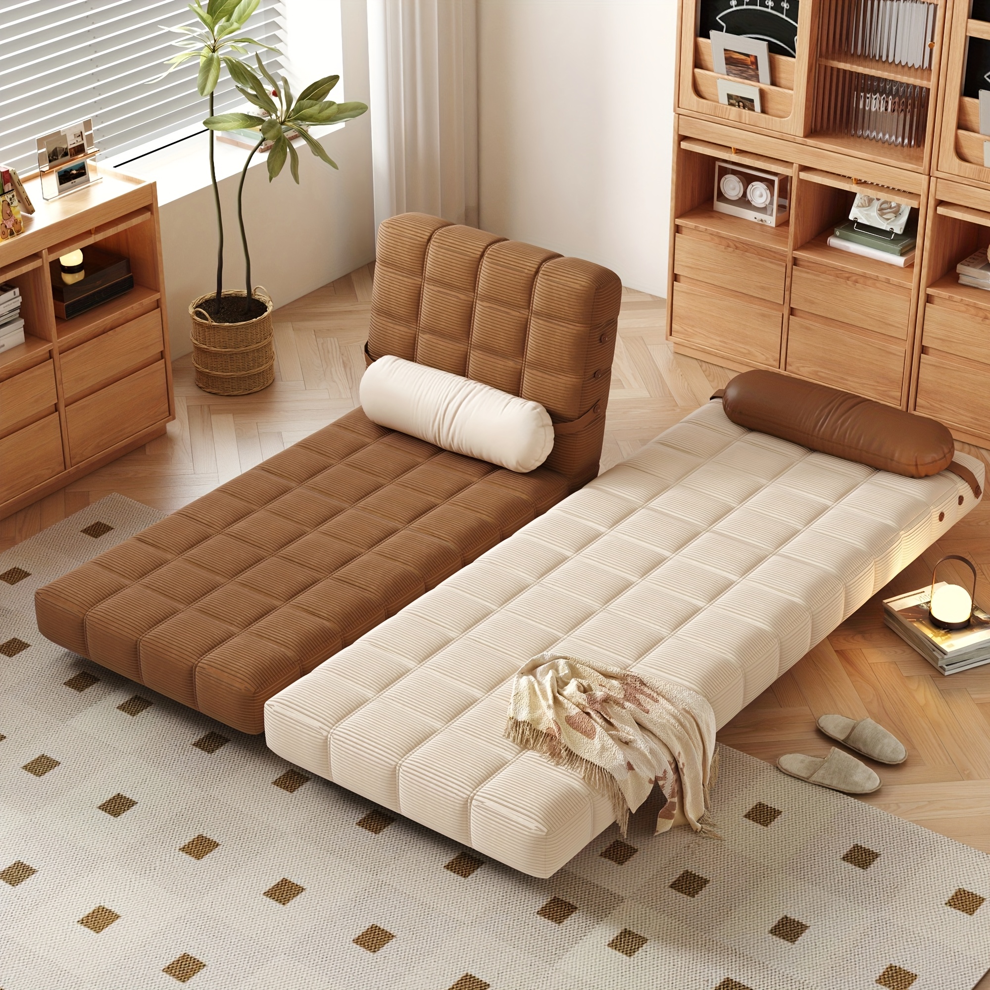 Convertible single sofa bed| Folding chair bed with adjustable backrest and pillow - Luxurious corduroy fabric, durable metal frame, exclusive knitted design for the living room (beige/brown)