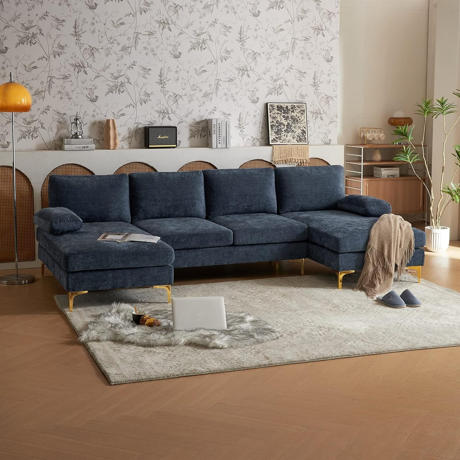 Convertible Sectional Sofa 110inch U-Shaped Sofa 4-Seater Sofa with Chaise Lounge Chenille Fabric Cushions Suitable for Living Room, Apartment, Office Gray-Blue