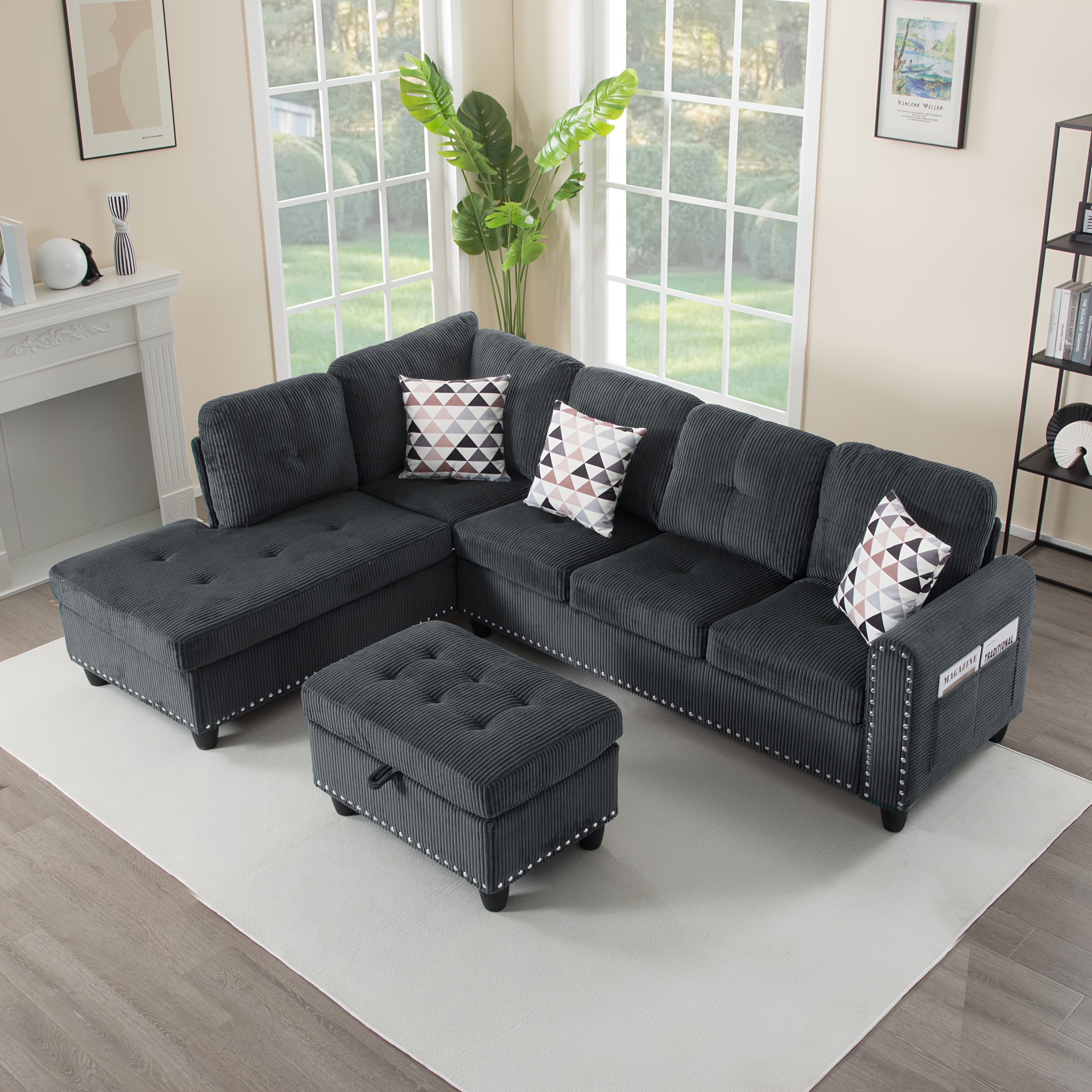 “94.49” L-shaped modular sofa: solid wood, iron frame, corduroy - suitable for use in living rooms, bedrooms, offices, and reception areas