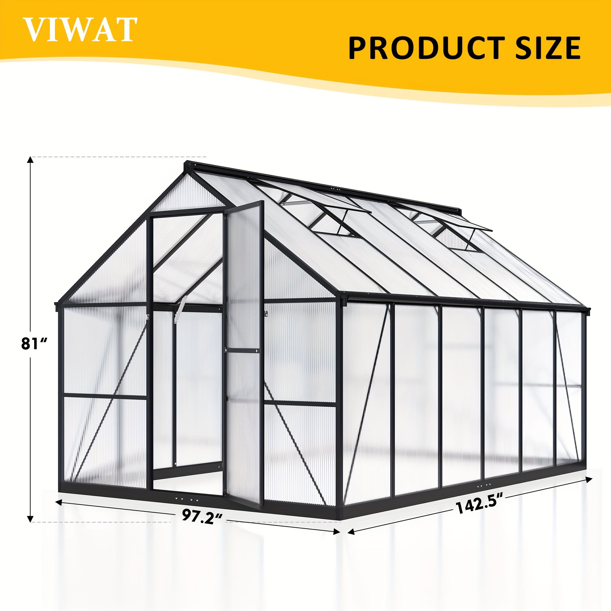 Outdoor 12x8 ft greenhouse, featuring polycarbonate panels, a quick-install structure and a roof ventilation system, large walk-in greenhouse with an aluminum frame, suitable for garden backyards and garden cottages