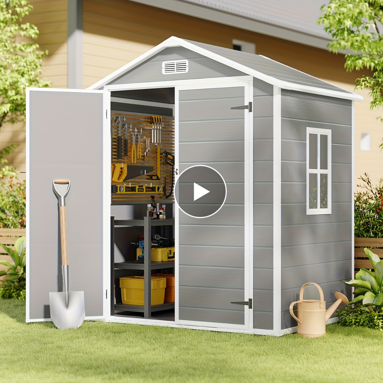 6 feet wide x 4 feet deep resin plastic storage shed with flooring (assembly video available).