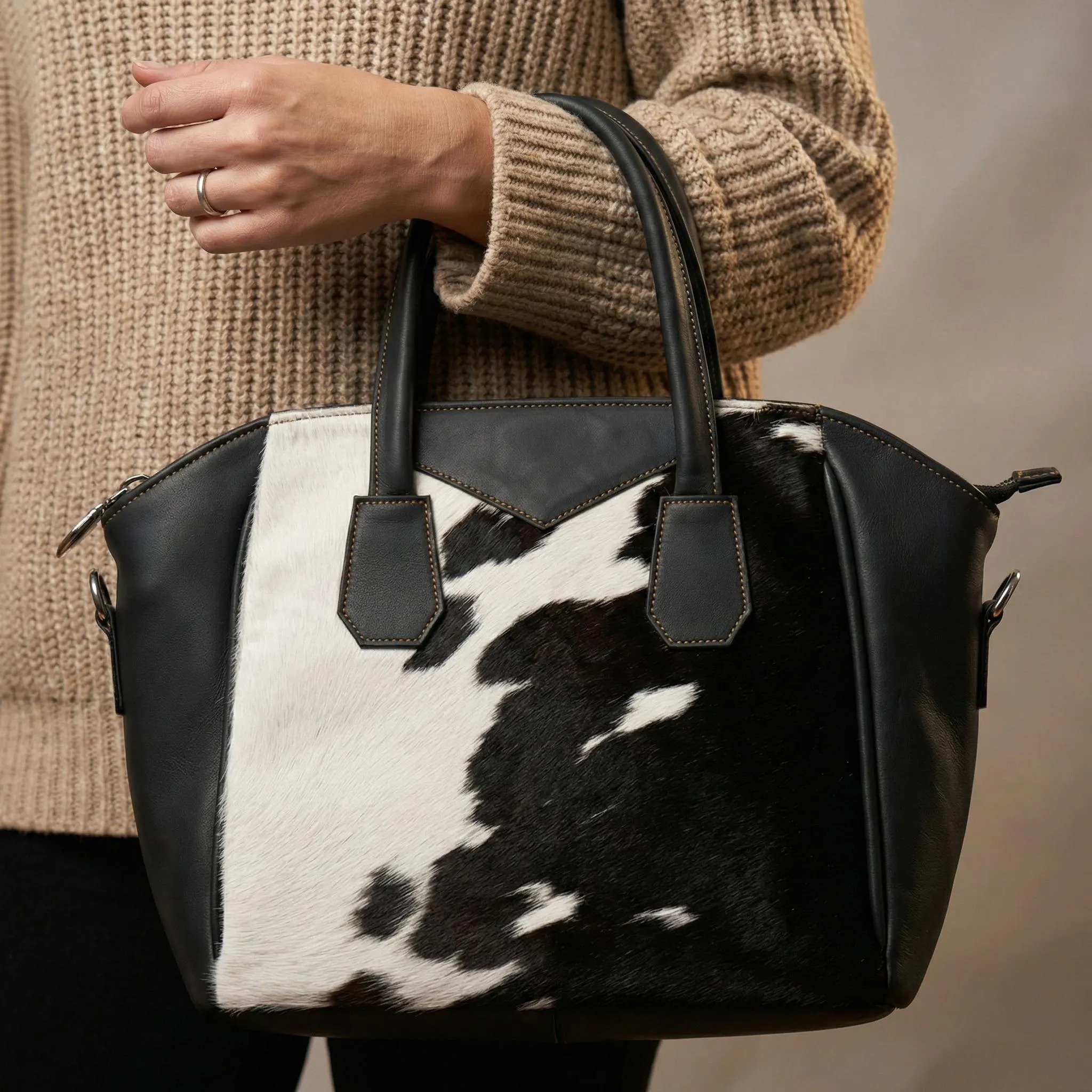 Cowhide Patchwork Leather Satchel