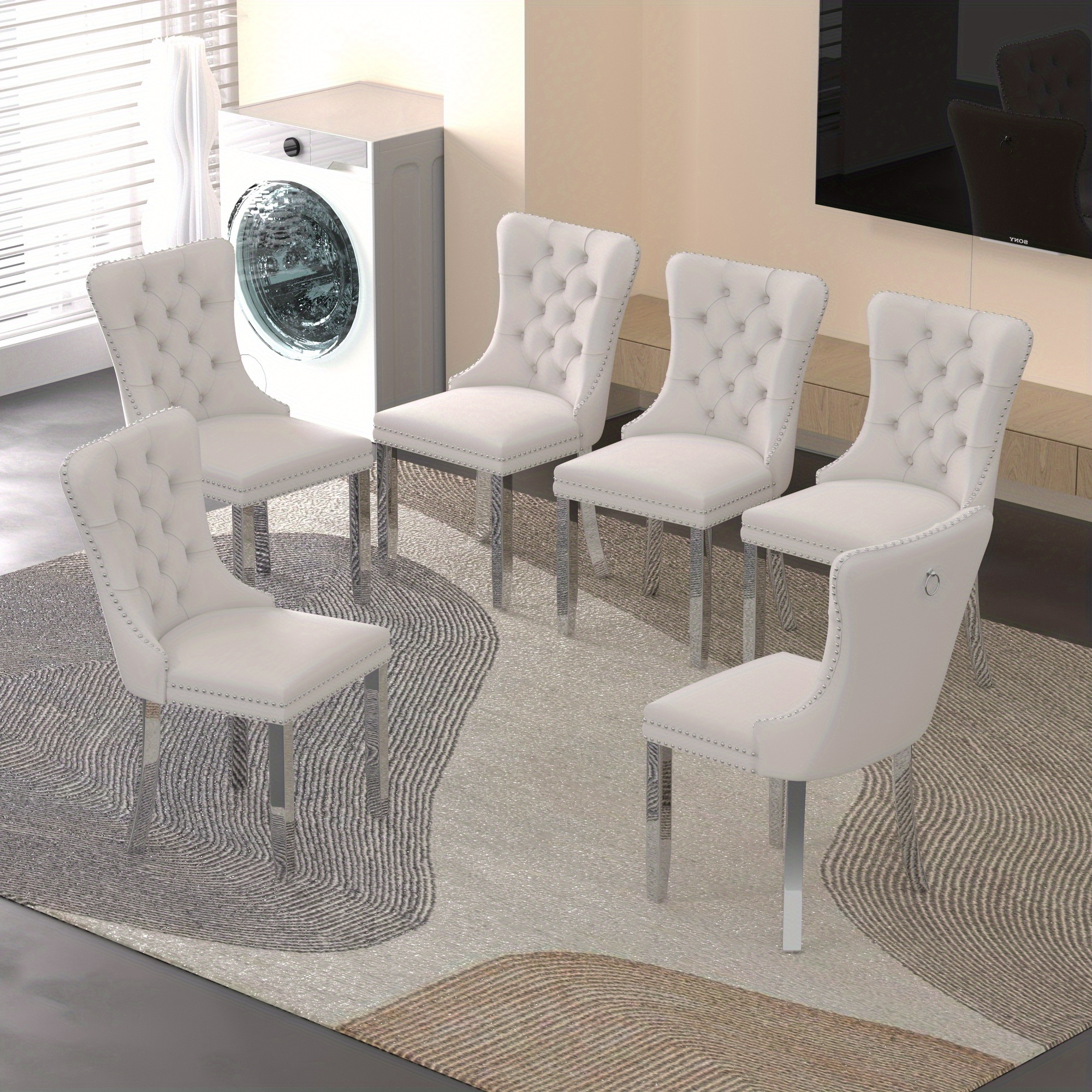 Modern velvet cushioned dining chairs with silver stainless steel plated legs, set of 6