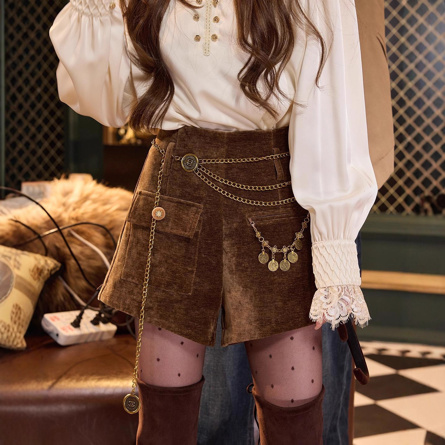 Vintage High-Waist Velvet Shorts with Gold Chain Detail