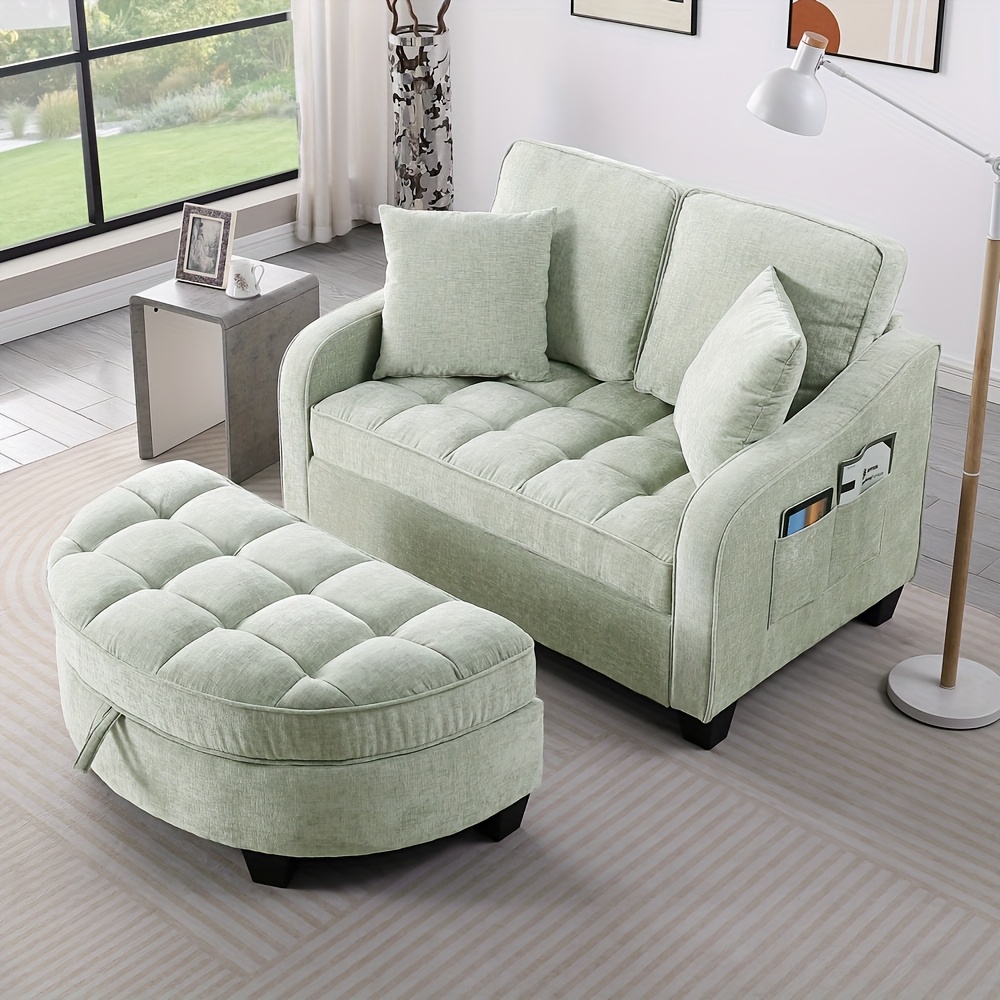 Double sofa, double chaise lounge sofa, with irregular armrests and backrests, footrest with storage space, comes with two small throw pillows, suitable for living room and bedroom