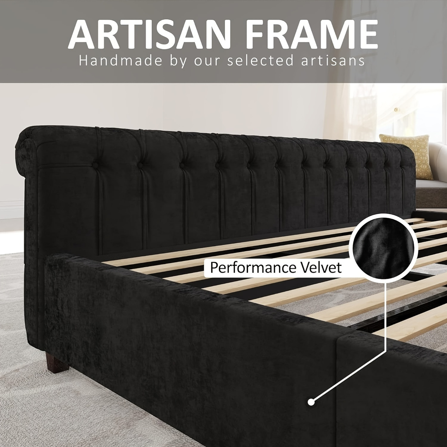 Chenille fabric bed frame, featuring a scroll-back headboard and footboard, with button-tufted embroidery design, does not require a box spring mattress