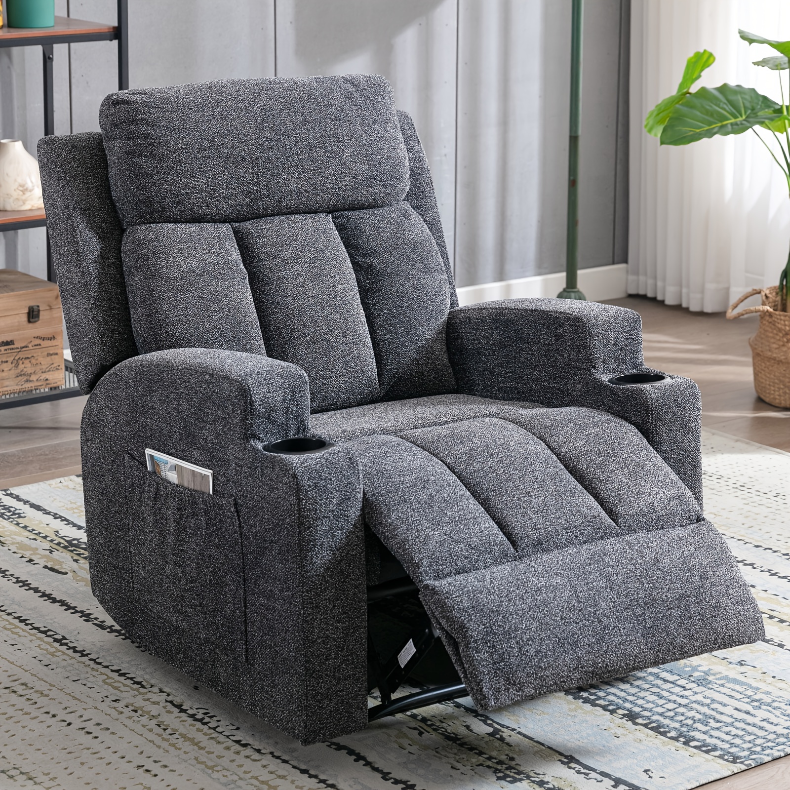 Modern Manual Massage Recliner with Heating Function - Ultra-Breathable Fabric Single Seat Sofa Lounge Chair with Side Pocket and Cup Holder