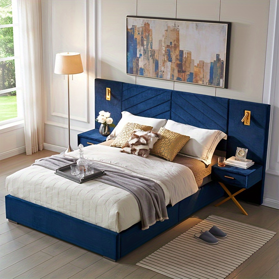 Luxurious double/queen-size bed frame with built-in LED lights and nightstand, double/queen-size platform bed with extra-large upholstered headboard, no mattress support required