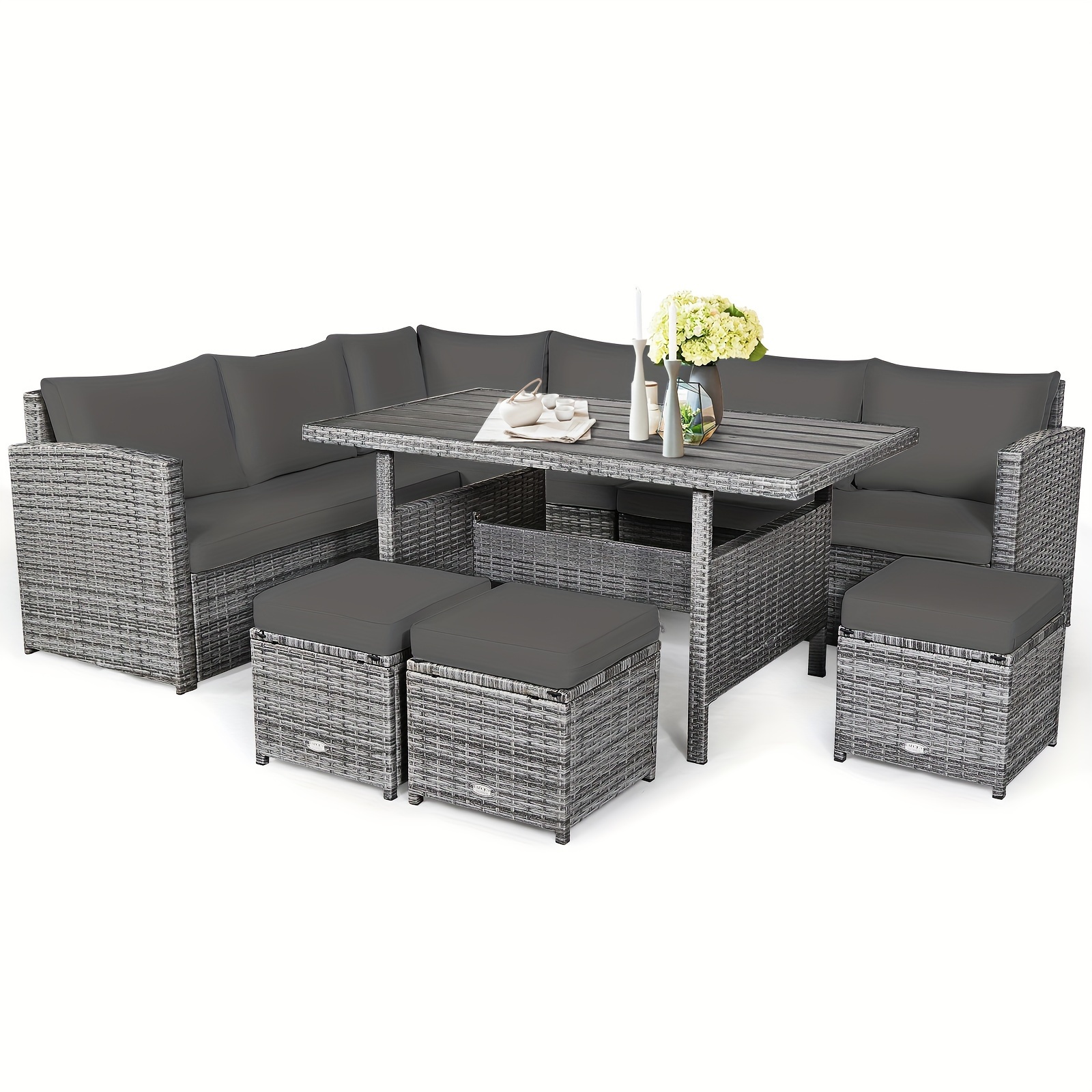 7-piece courtyard rattan dining table set, combination sofa, footstool, garden gray