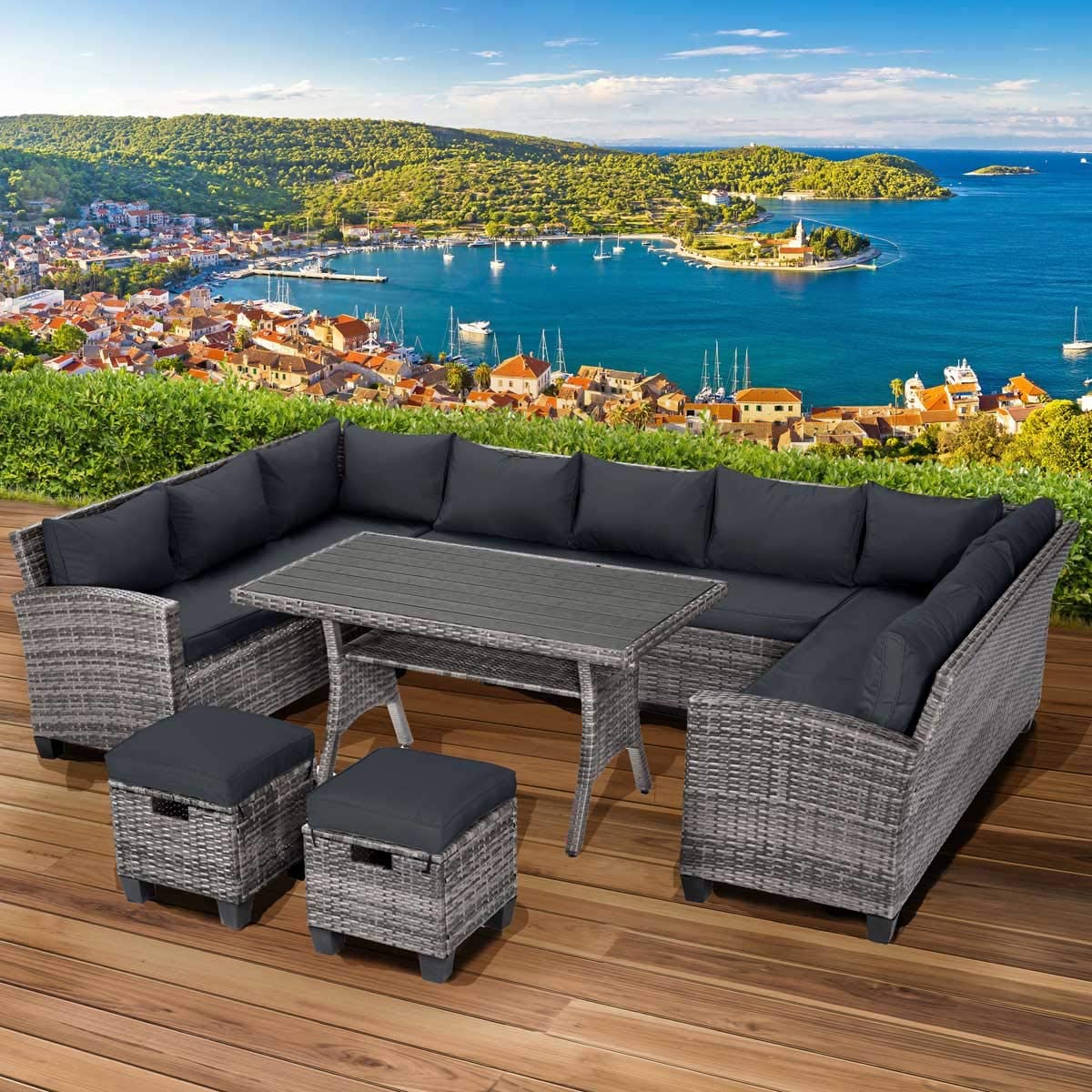 Brast Poly Rattan Garden Furniture Dining Set Lounge Seating Set for 11 People