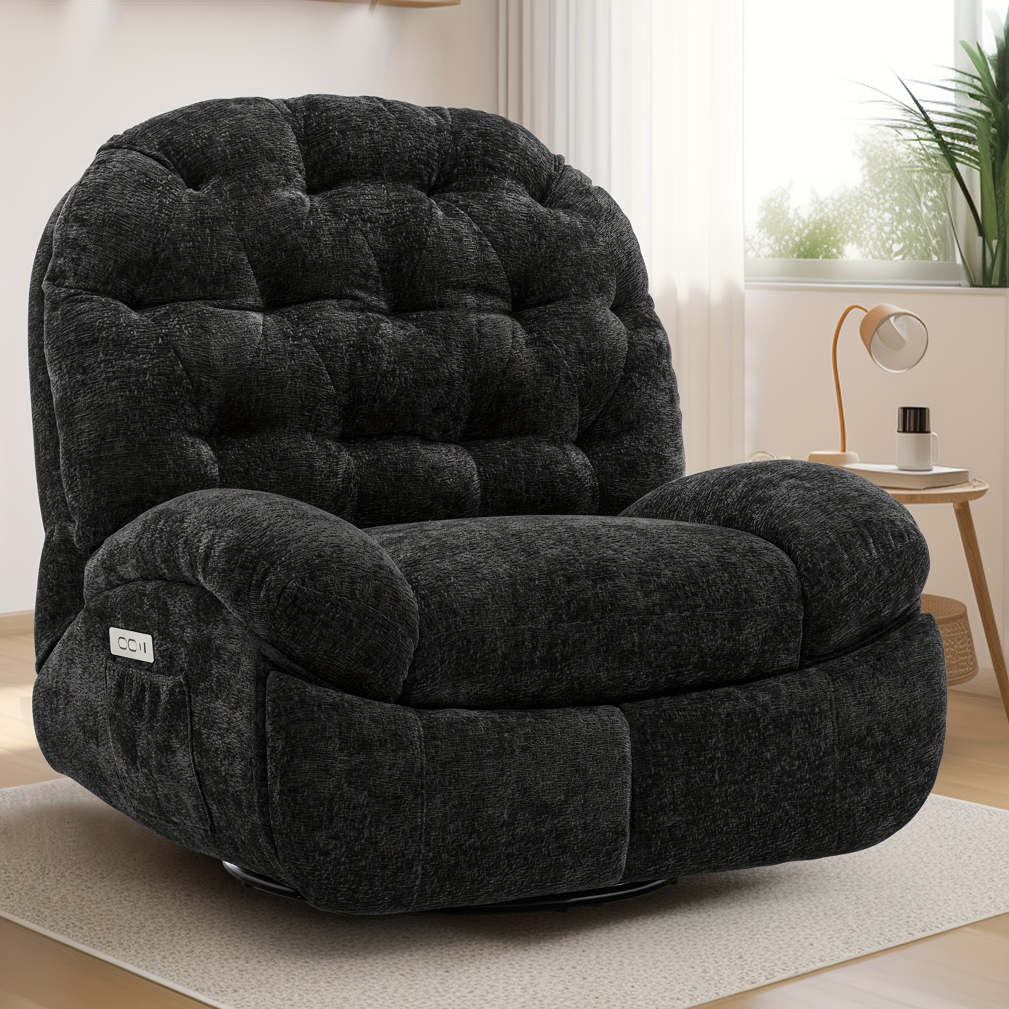 Extra-large swivel electric recliner with USB port and side storage pocket, comfortable soft-shell rocking chair, large chenille sofa chair, suitable for living room use