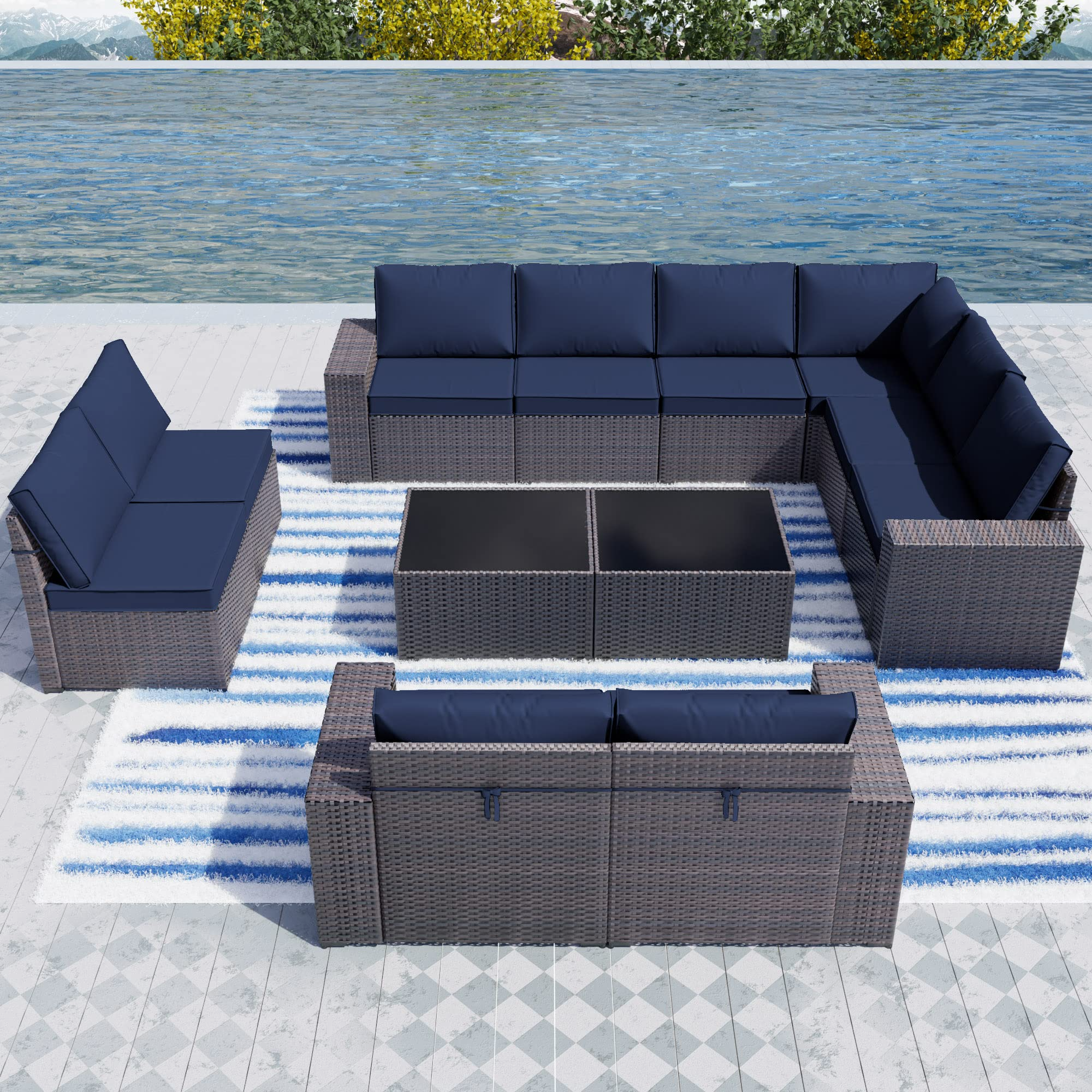 Outdoor Patio Furniture Set 12 Pcs Sectional Rattan Sofa Set Brown PE Wicker Patio Conversation Set