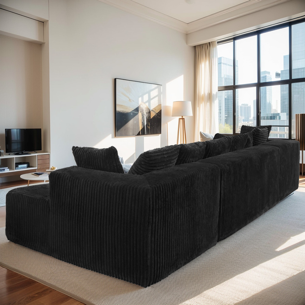 130inch Modular U-Shaped Sofa with Chaise Lounge - 4-Seater Reversible L-Shaped Sofa, Striped Corduroy Fabric (Black), No Assembly Required, Configurable Layout, Suitable for Large Living Rooms and Bedrooms - Soft and Comfortable