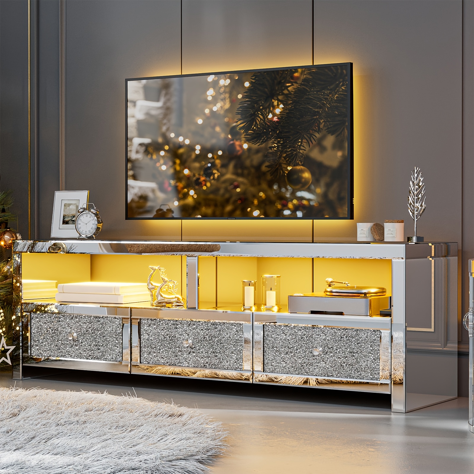 Mirror TV cabinet for TVs above 65inch inches with LED lights, silver entertainment center with 3 drawers and 2 open storage spaces, TV console table with diamond-pattern texture, suitable for living room and bedroom