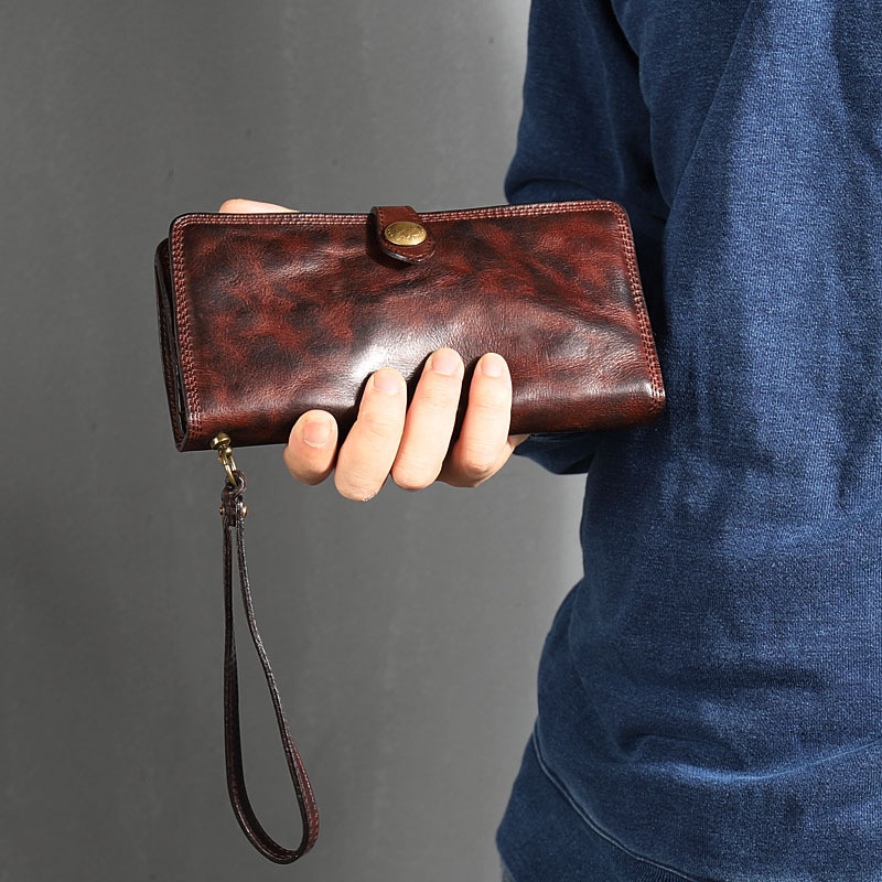 Vintage Distressed Genuine Leather Long Wallet with Wrist Strap