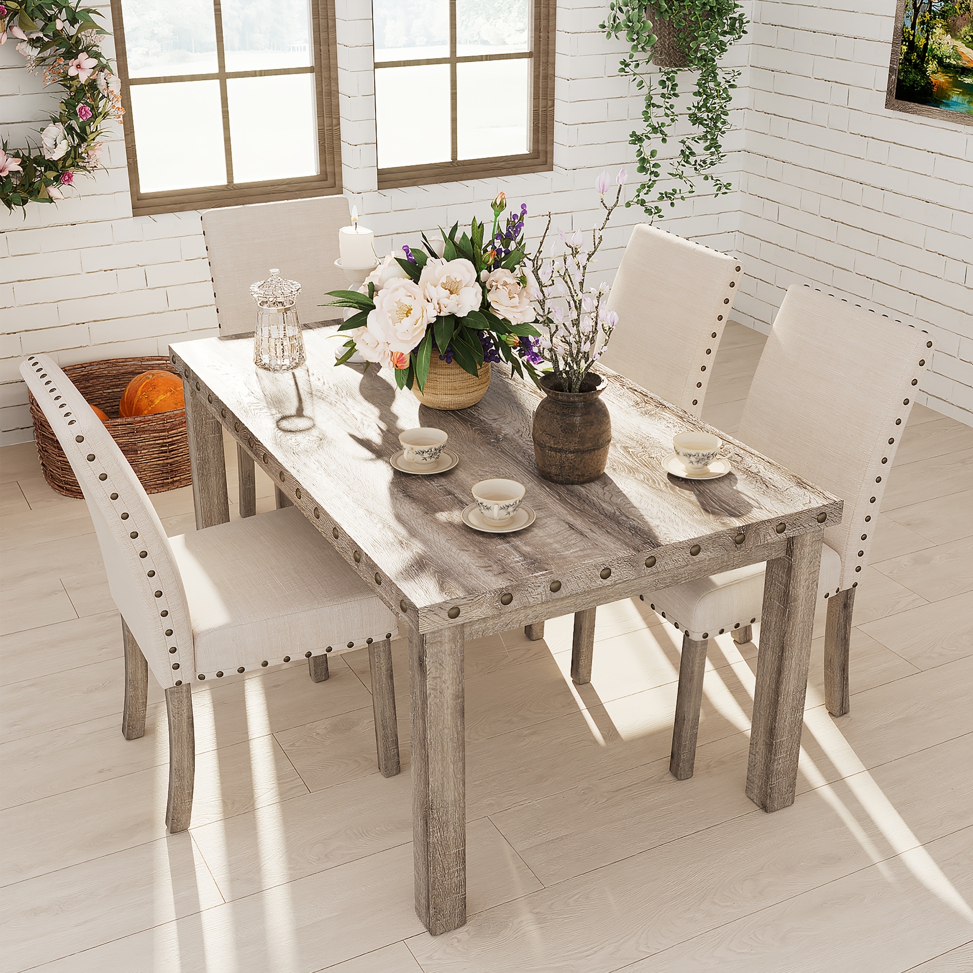 1 set of modern farmhouse dining table and 4 chairs - for home dining, with memory foam cushion seats, no electricity required