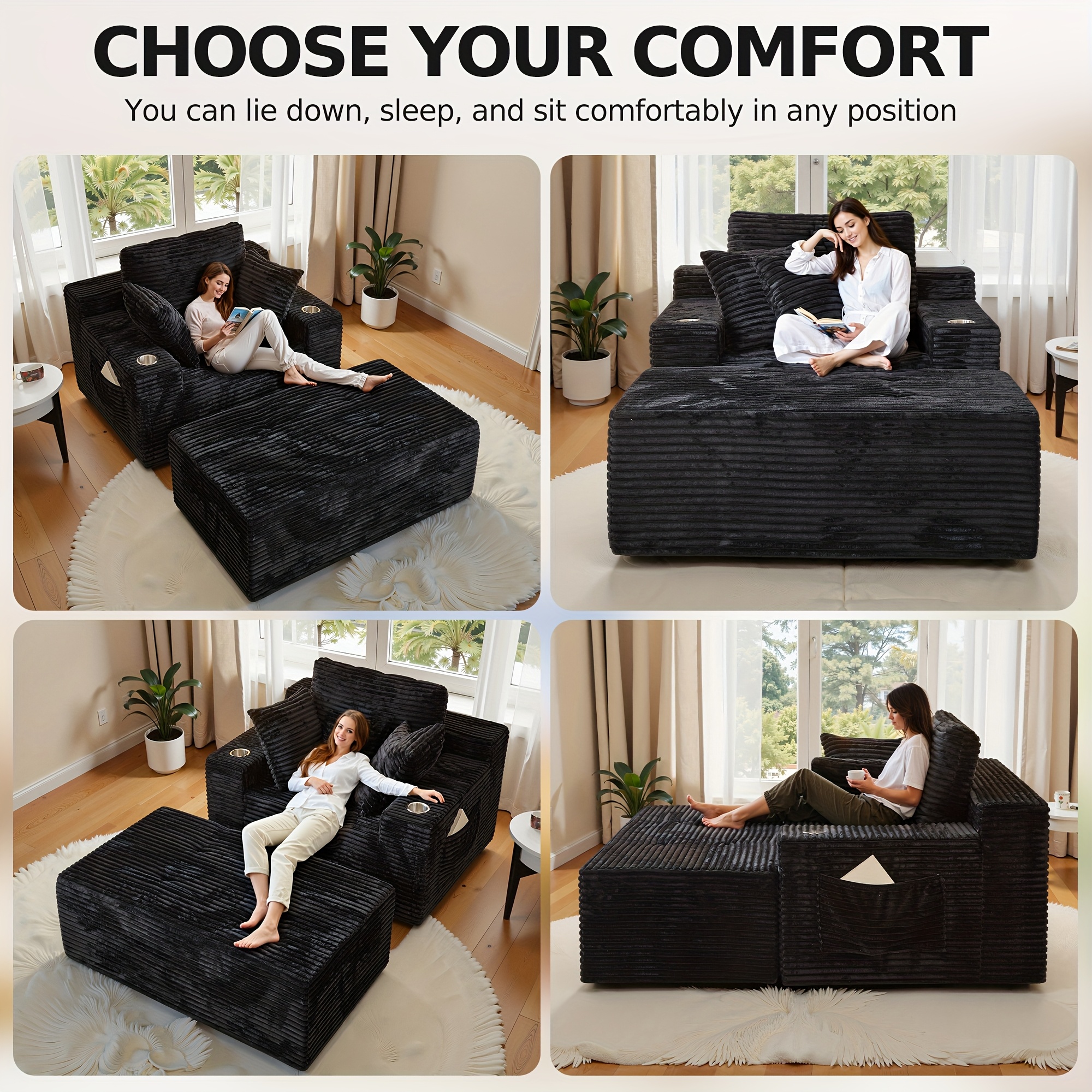 67inch Extra-large leisure recliner suitable for indoor use, lazy-style sofa, comfortable soft cushion sofa bed, equipped with pillows and armrests, corduroy thickened cloud sofa chair, suitable for game and entertainment room furniture