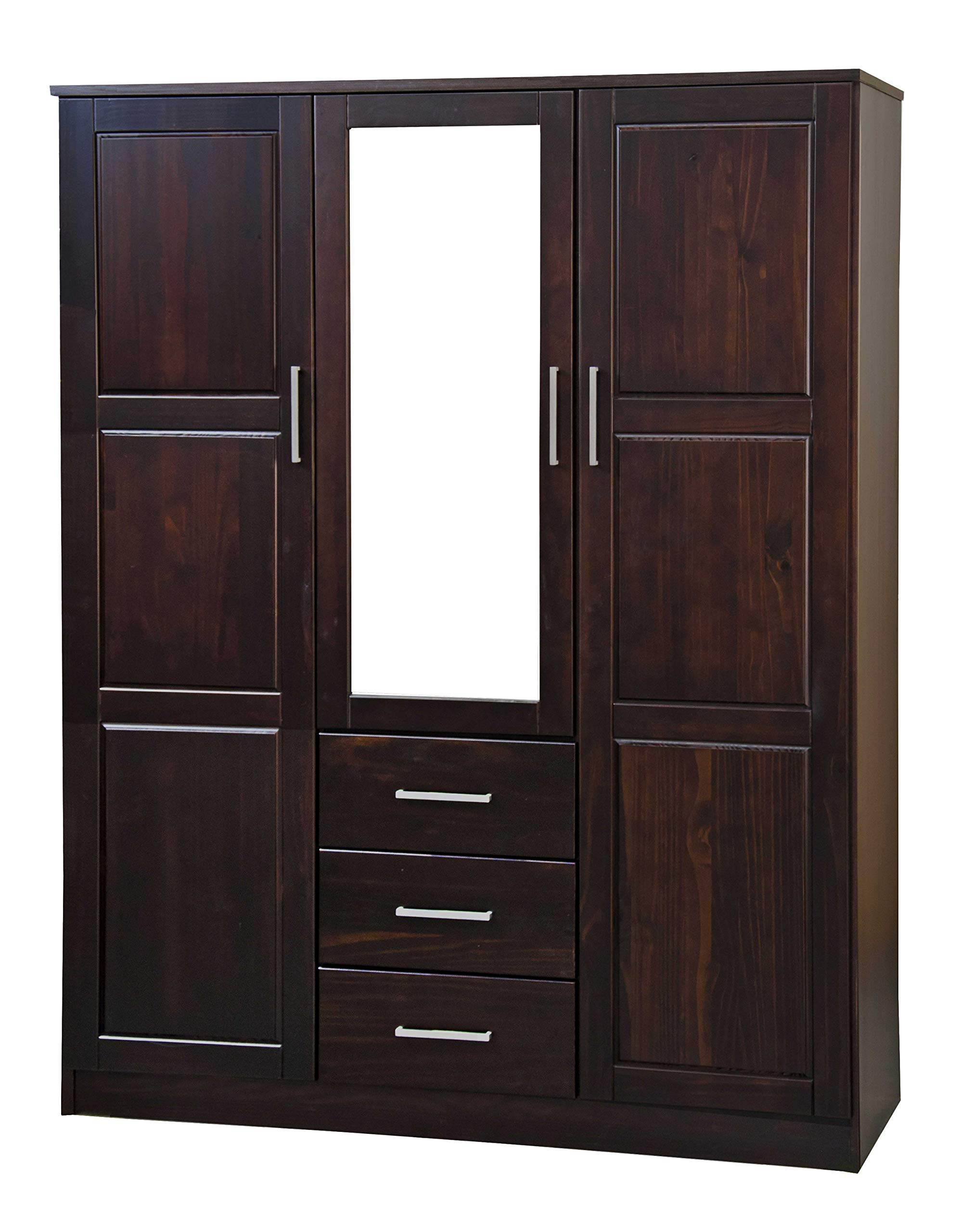 Cosmo Solid Wood 3-Door Wardrobe with Mirror and 3 Drawers, Java
