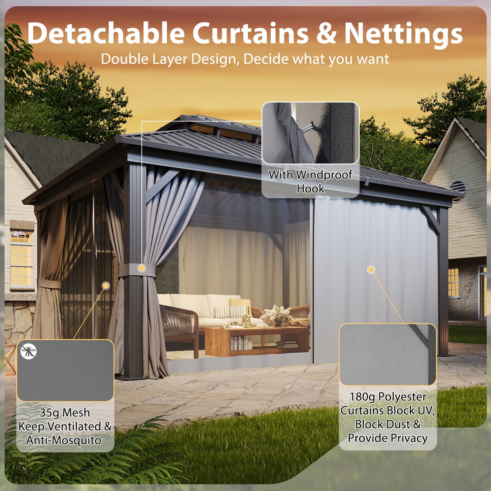 Sonegra 12' X 20'/12' X 16'/12' X 10' Hardtop Gazebo, Double Galvanized Steel Roof - Aluminum Frame Outdoor Gazebo with Mosquito Net and Curtains, Suitable for Patio, Yard, and Deck (Free Shipping)