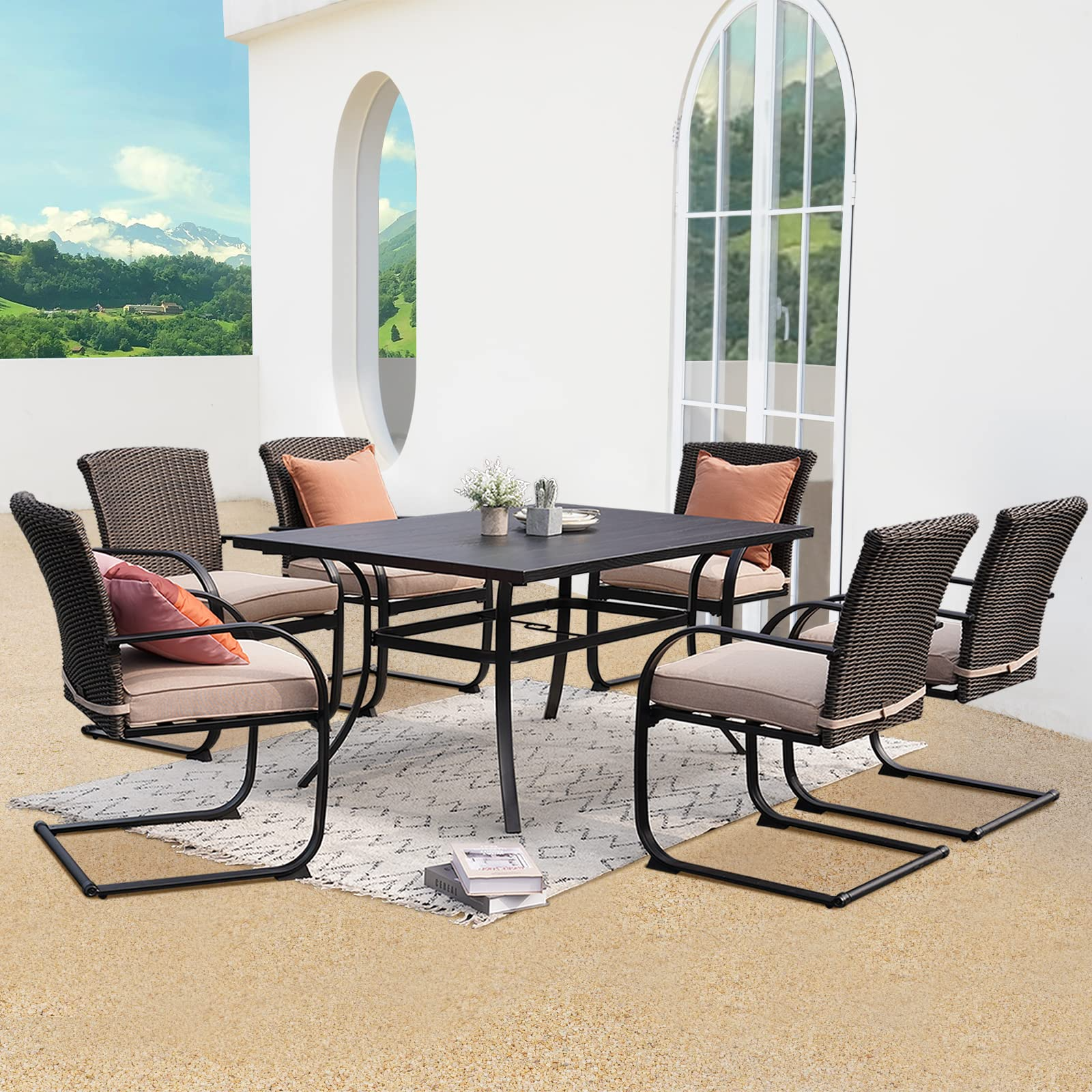 Outdoor 7 Pcs Dining Table Set, Modern Woodgrain-Look Metal Table & Wicker Chairs for 6