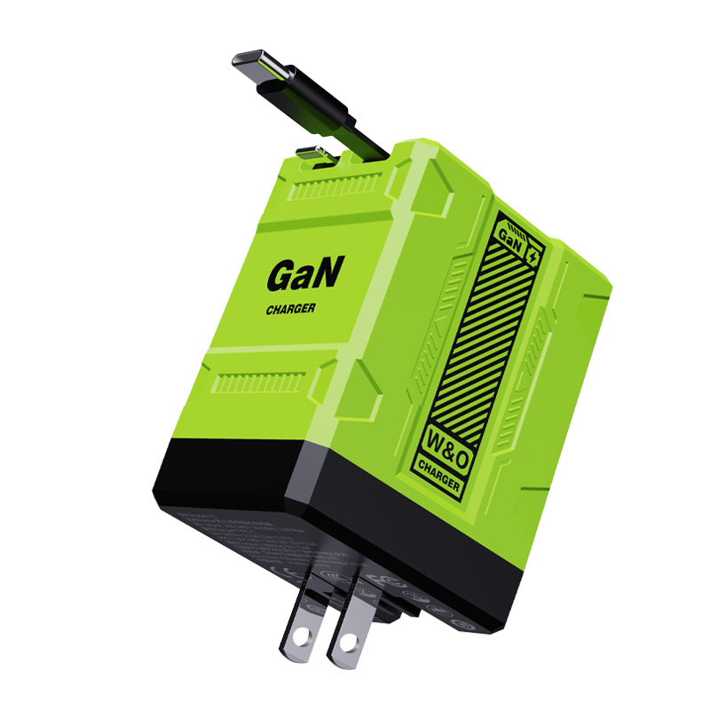 US specification 20W GaN Fast Charger with Built-In Retractable Cable, 2-in-1 Foldable Wall Charger, Dual Port Type-C & Lightning for iPhone, Samsung, MacBook, iPad, Travel Portable Power Adapter